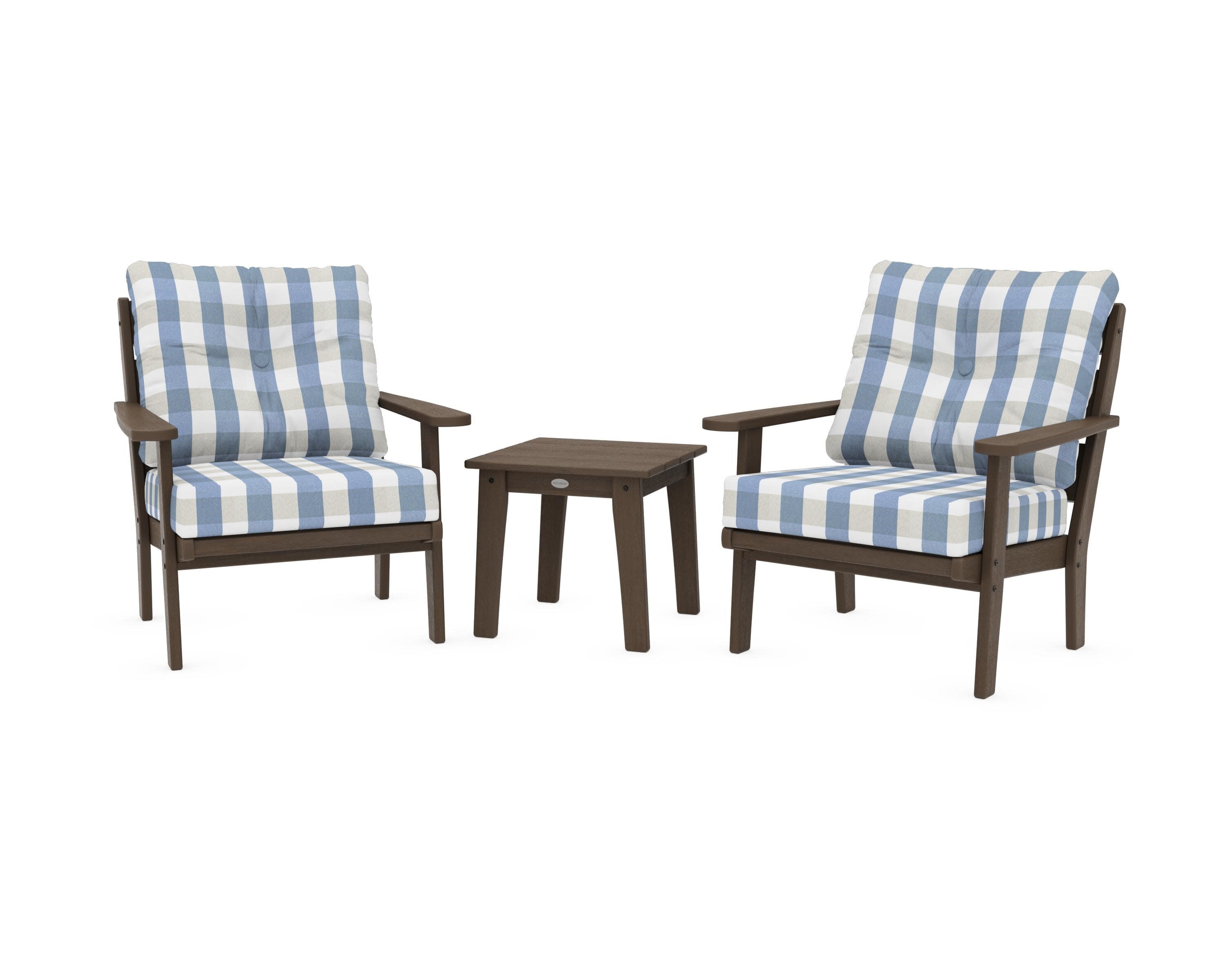 Lakeside 3-Piece Deep Seating Chair Set in Kona / Buffalo Plaid Sky Blue