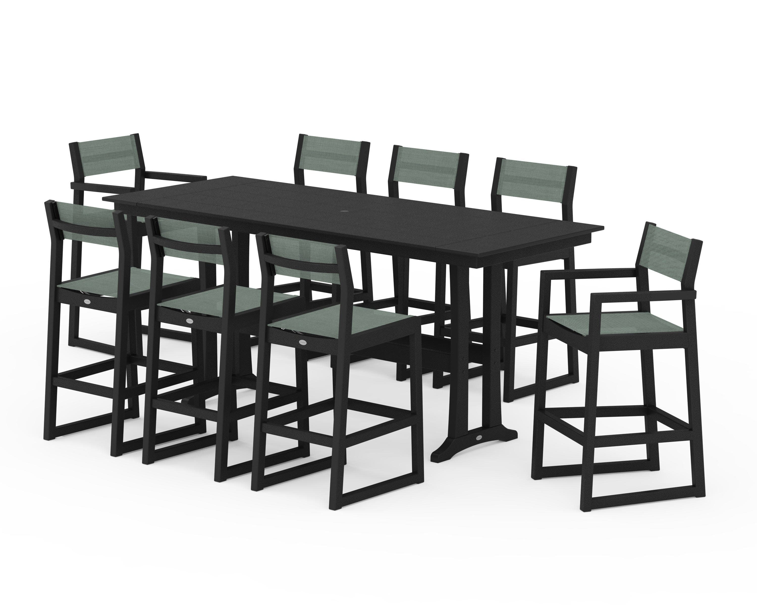 EDGE Sling 9-Piece Farmhouse Bar Set with Trestle Legs in Black / Dupioni Sea Mist Sling