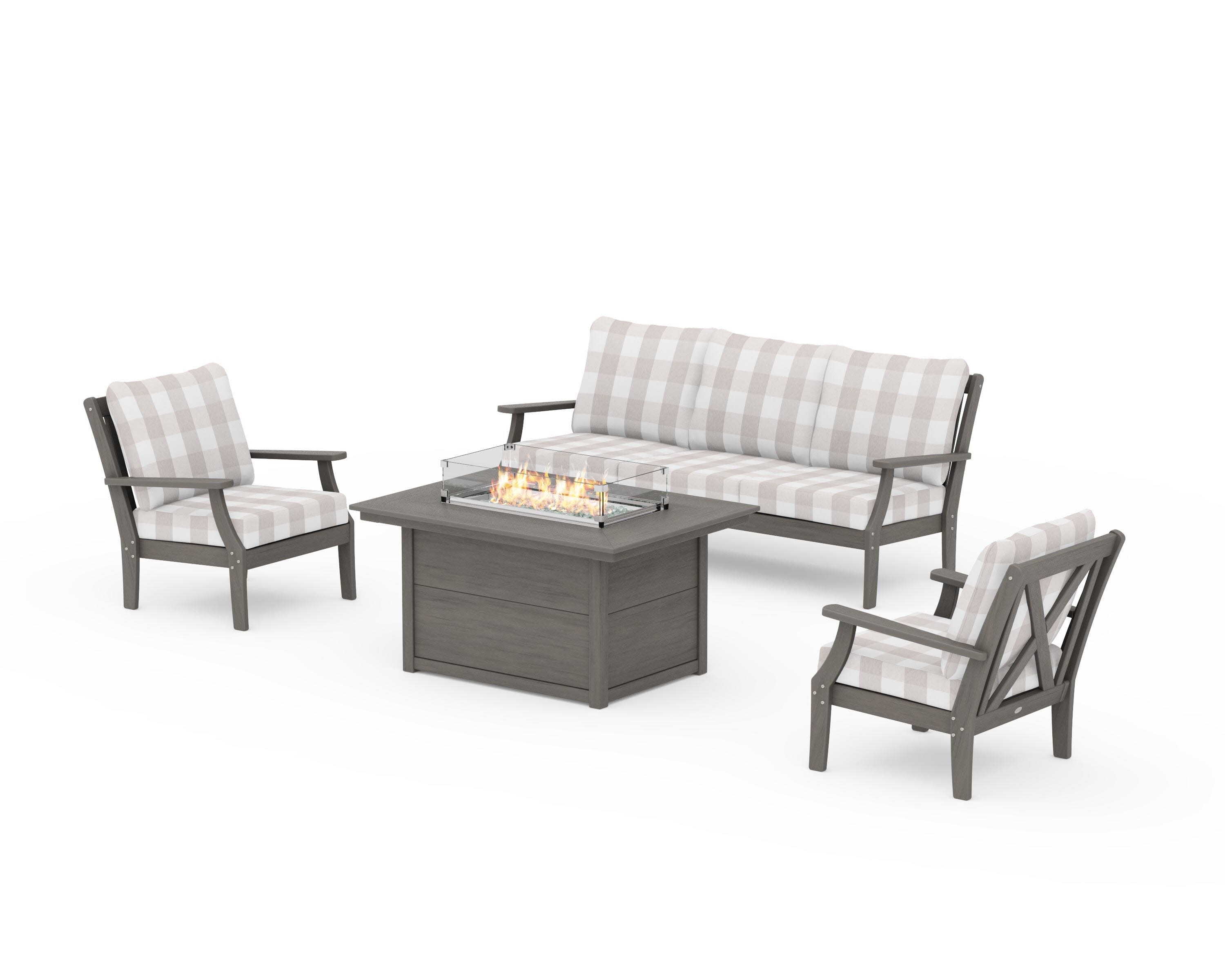 Braxton Deep Seating Fire Pit Table Set in Driftwood / Buffalo Plaid Dune Burlap