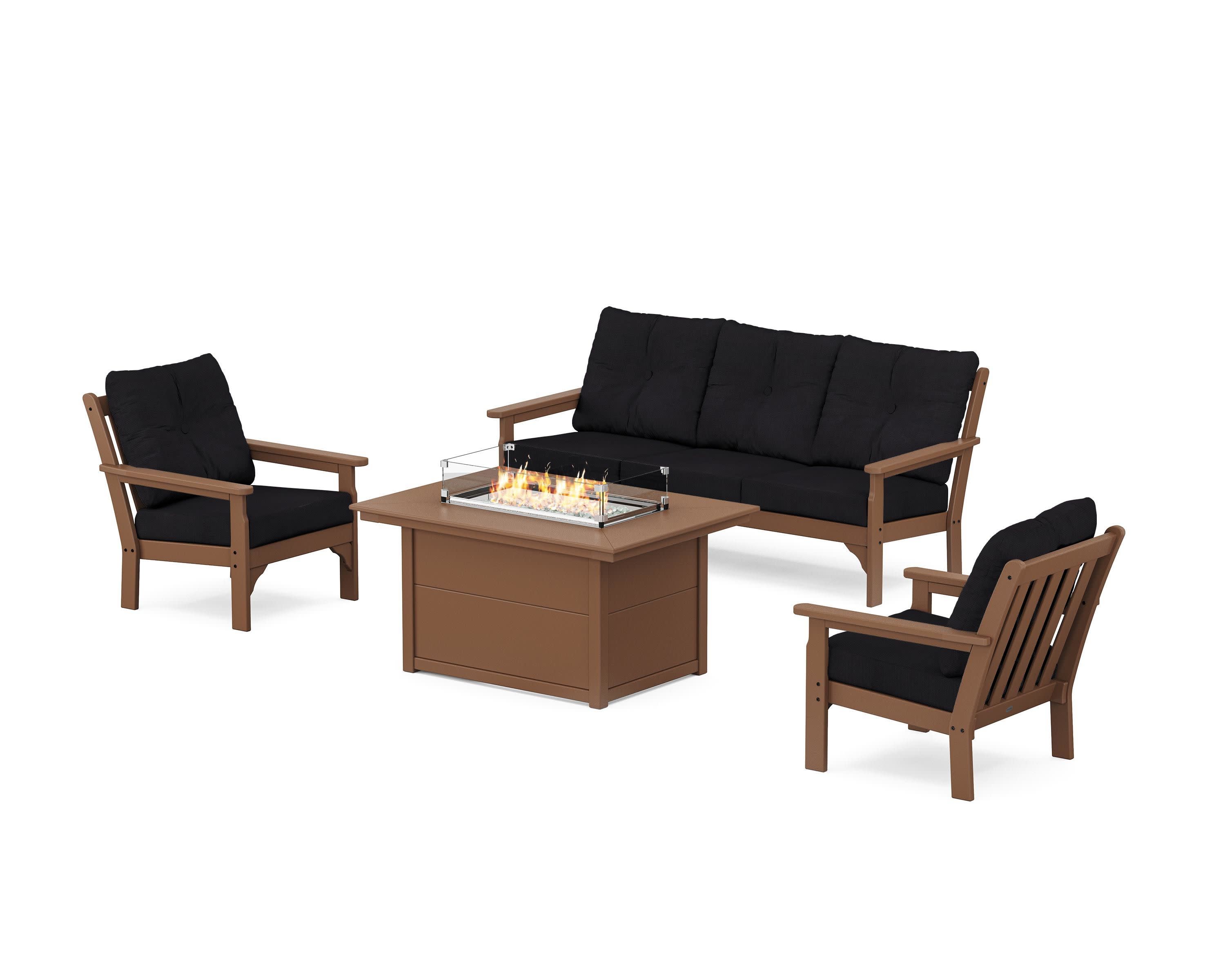 Vineyard Deep Seating Fire Pit Table Set in Teak / Midnight Linen