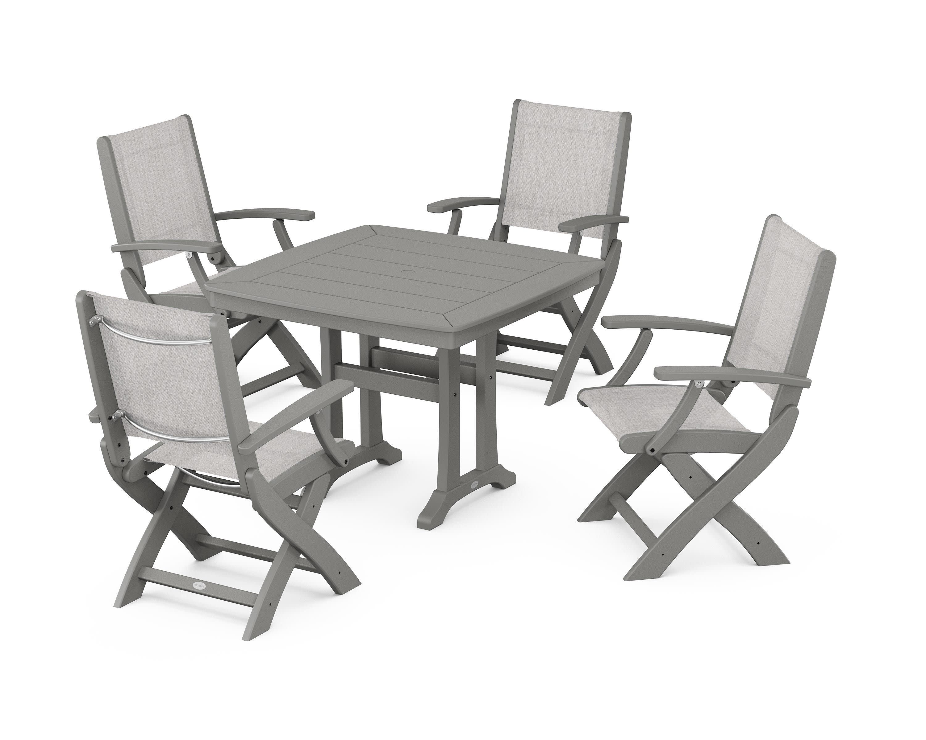 Coastal Folding Chair 5-Piece Dining Set with Trestle Legs in Slate Grey / Parchment Sling
