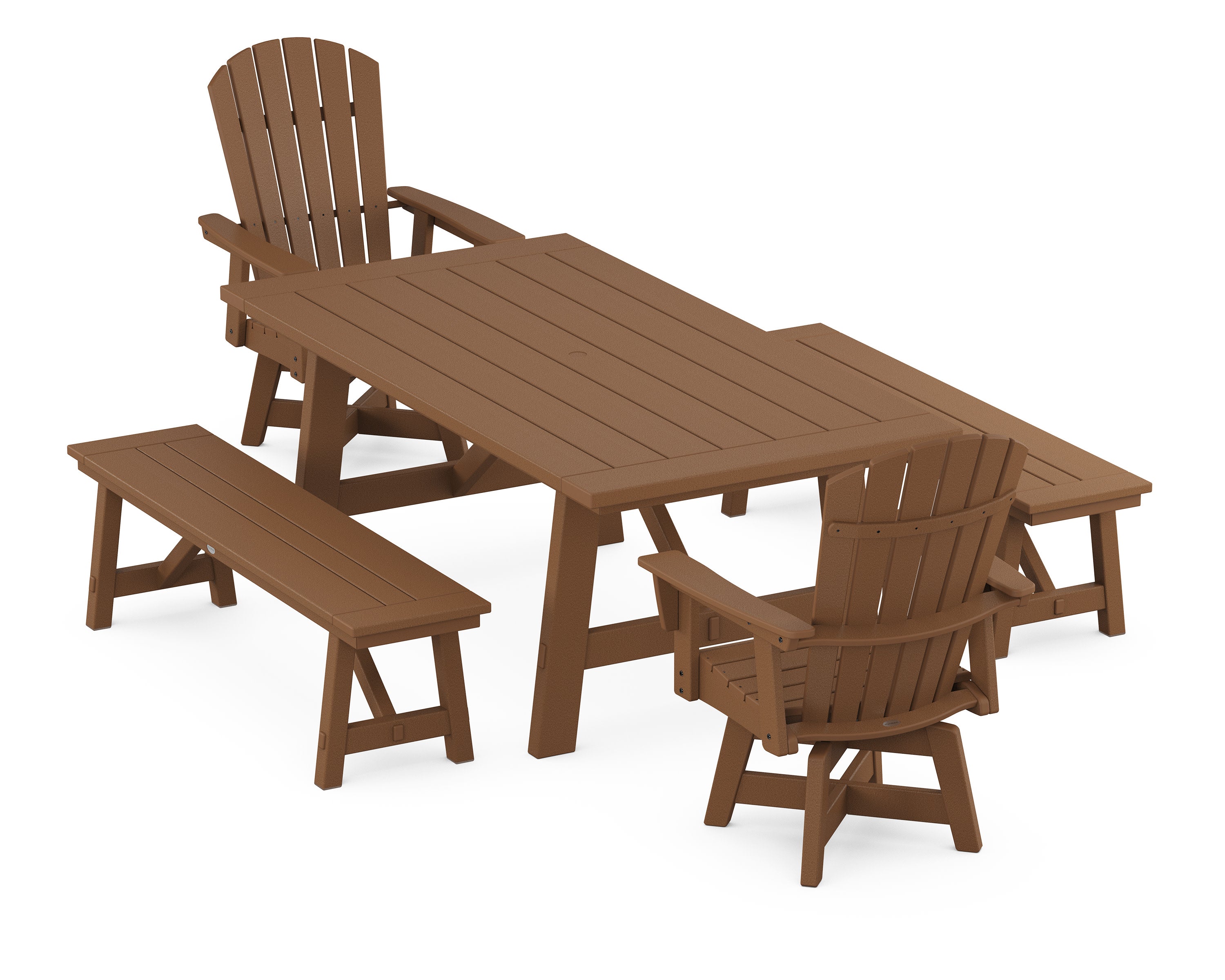 Nautical Curveback Adirondack Swivel Chair 5-Piece Rustic Farmhouse Dining Set With Benches in Teak