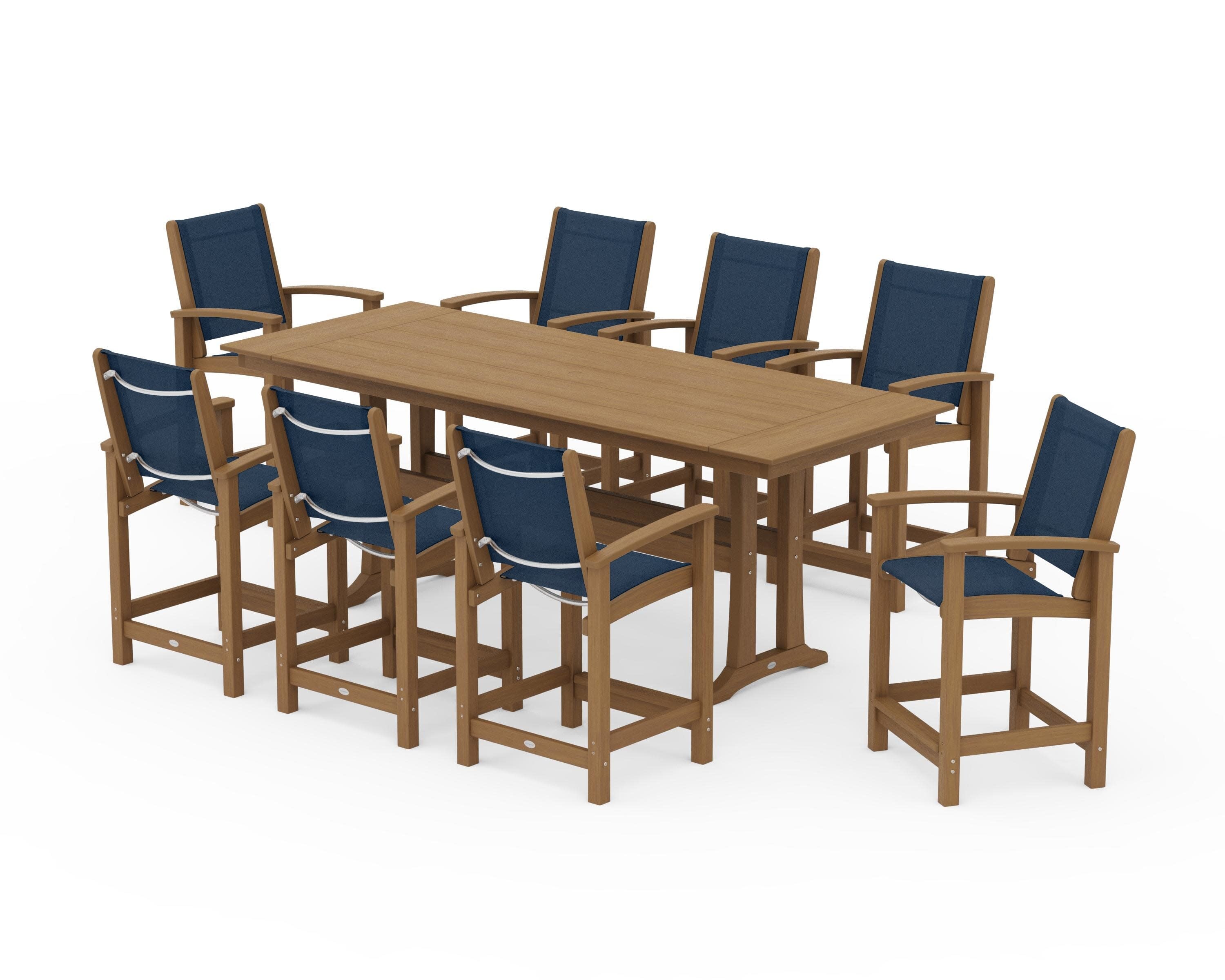 Coastal 9-Piece Farmhouse Counter Set with Trestle Legs in Natural / Navy Blue Sling