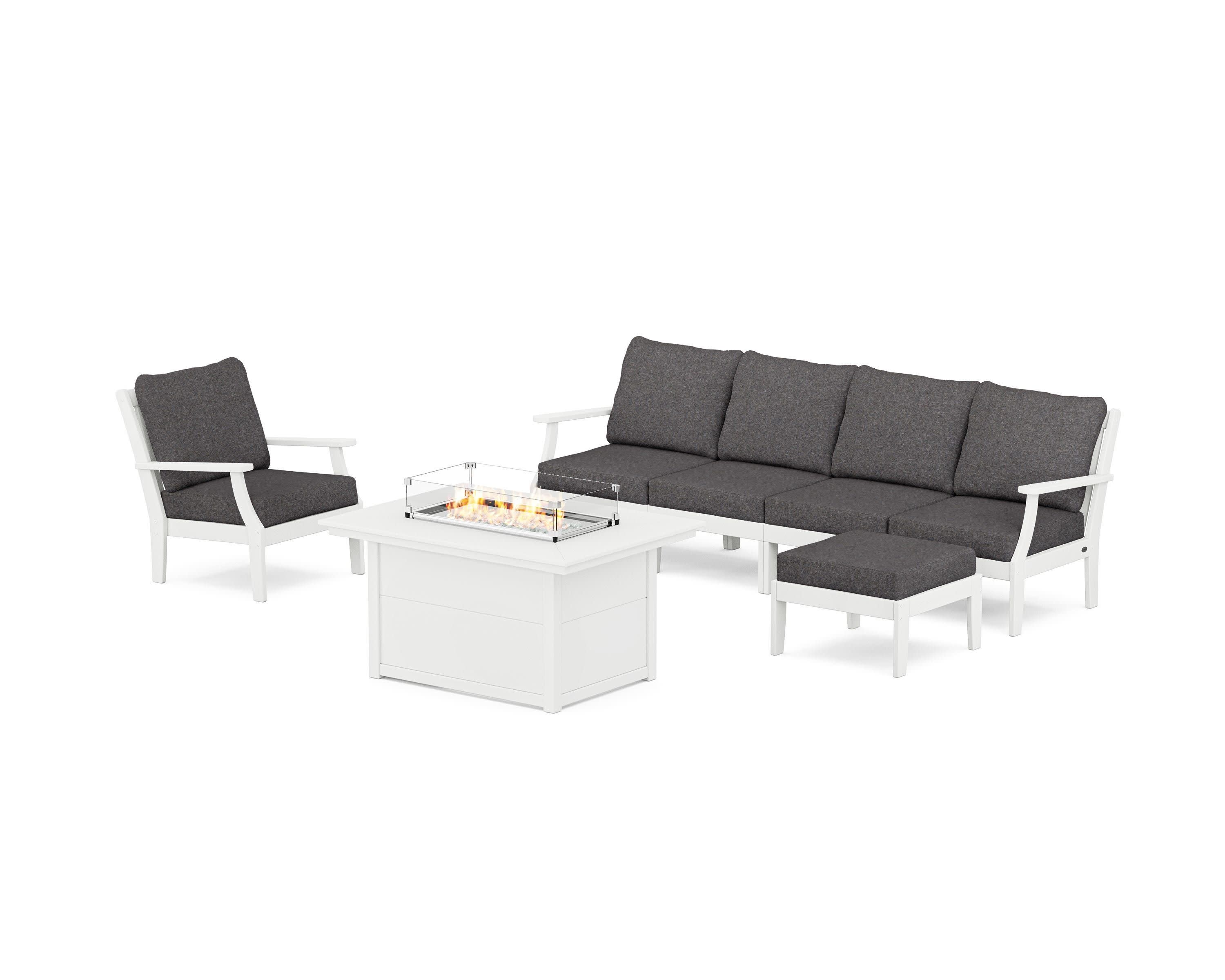 Braxton Sectional Lounge and Fire Pit Set in White / Ash Charcoal