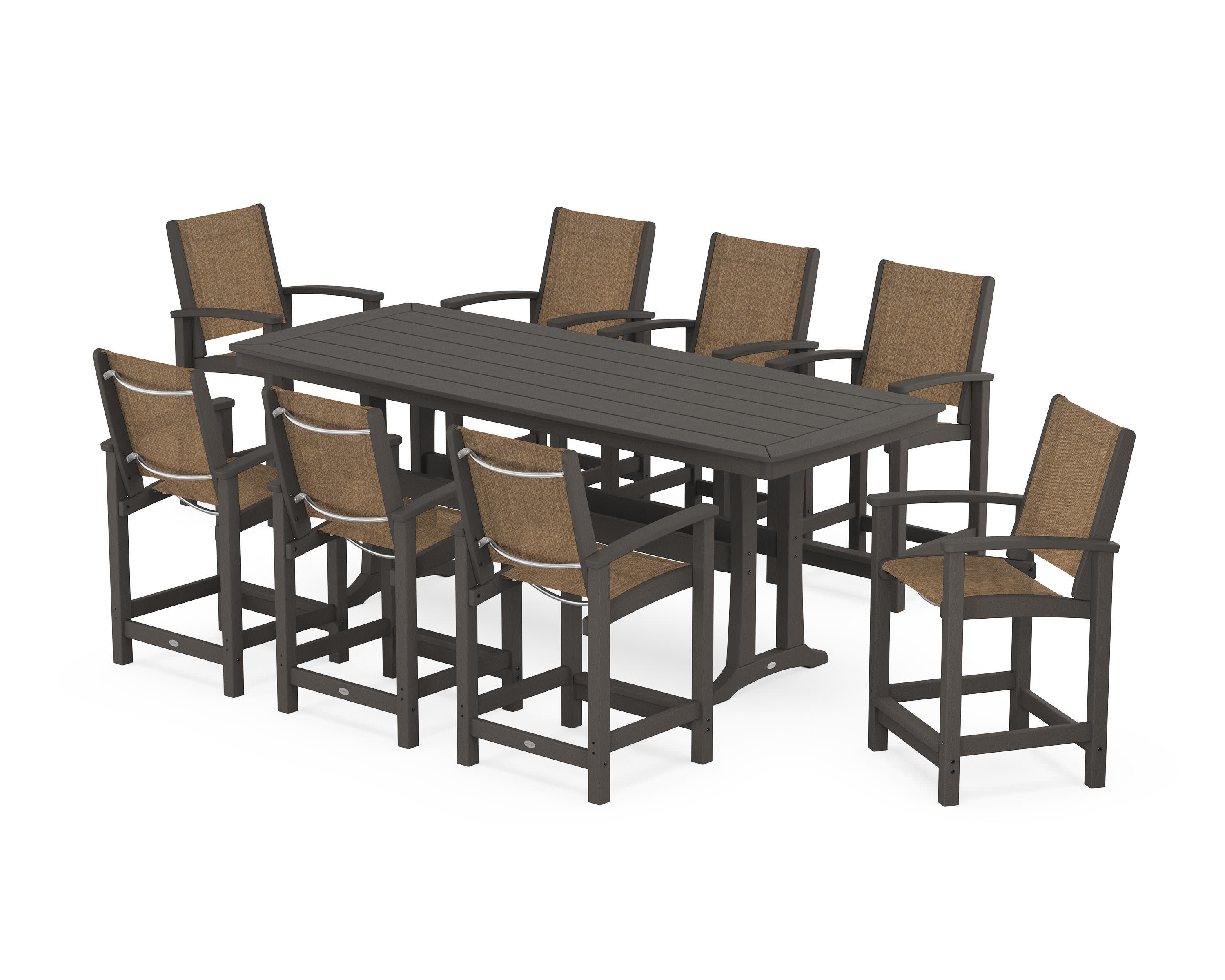 Coastal 9-Piece Counter Set with Trestle Legs in Vintage Coffee / Burlap Sling