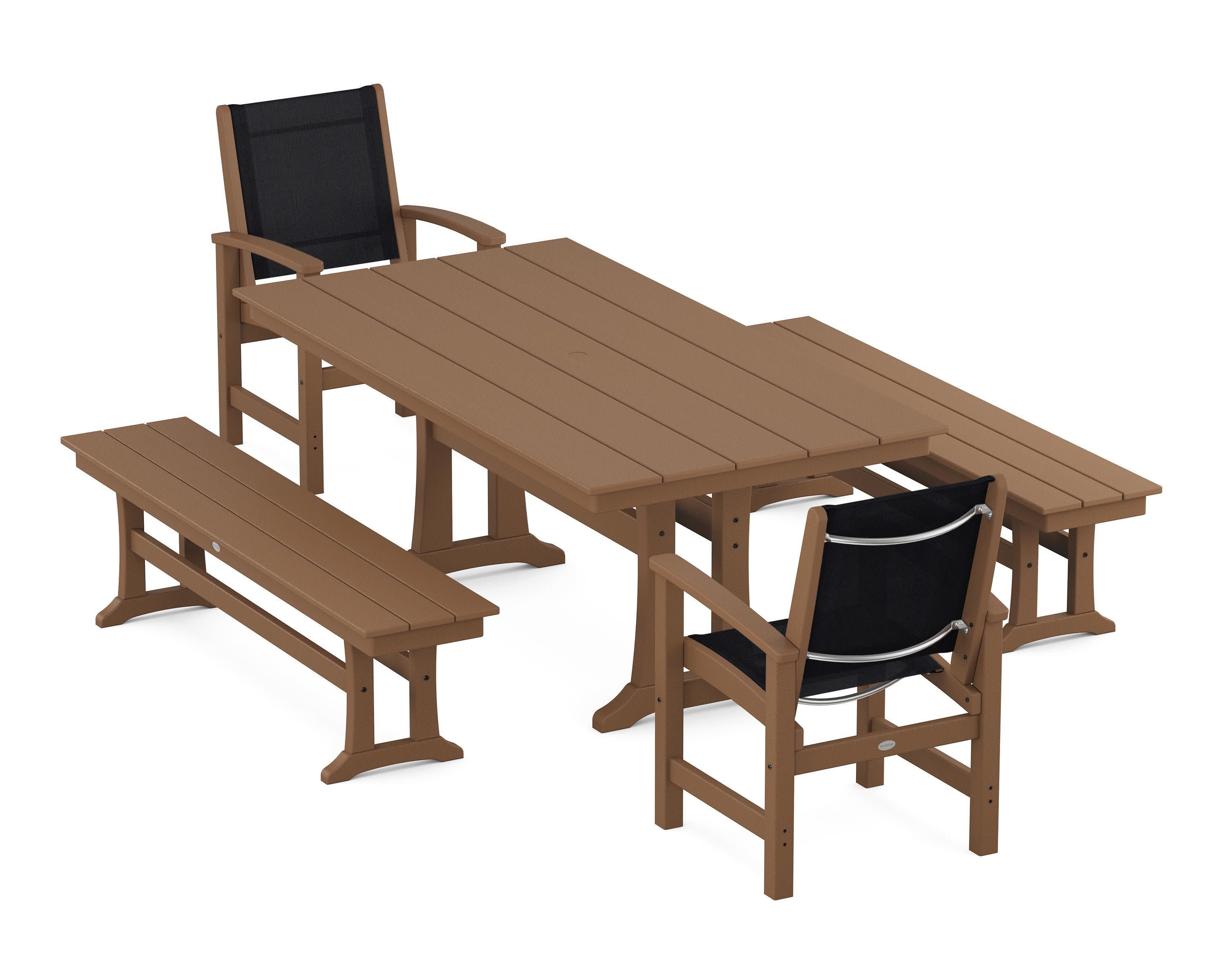 Coastal 5-Piece Farmhouse Dining Set with Trestle Legs and Benches in Teak / Black Sling