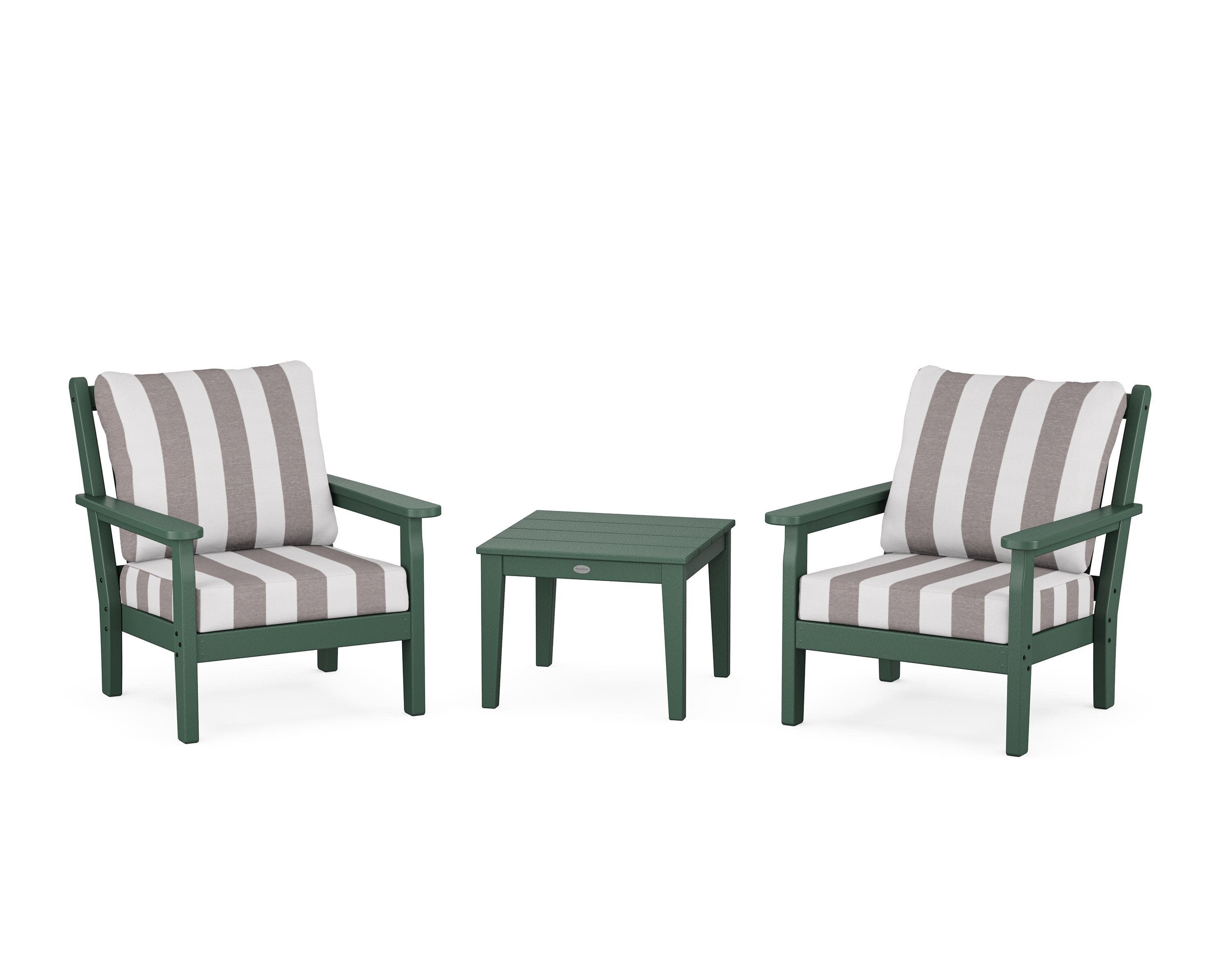 Chippendale 3-Piece Deep Seating Set in Green / Cabana Stripe Grey Mist