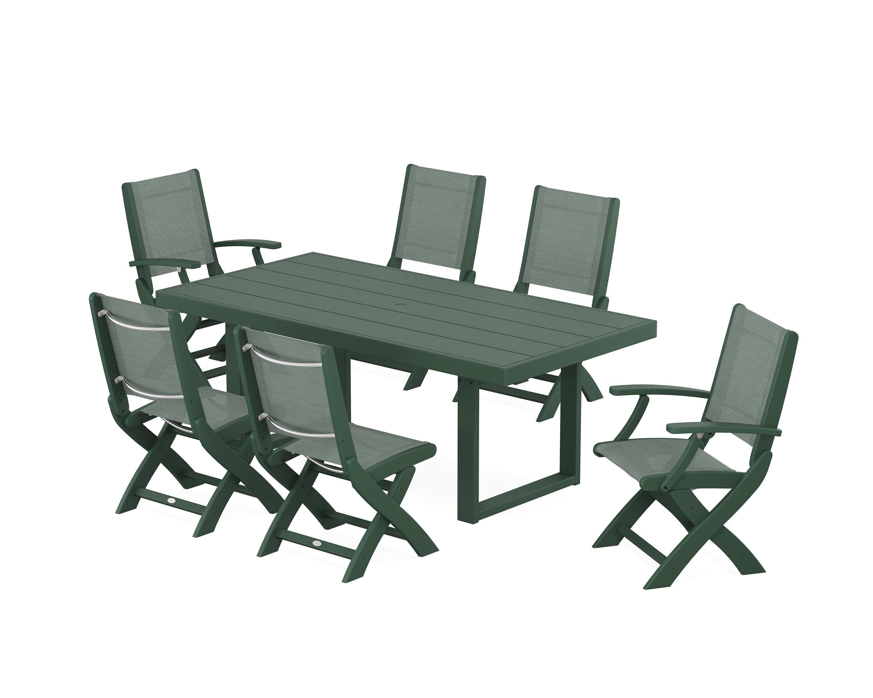 Coastal Folding Chair 7-Piece Dining Set with Trestle Legs in Green / Dupioni Sea Mist Sling