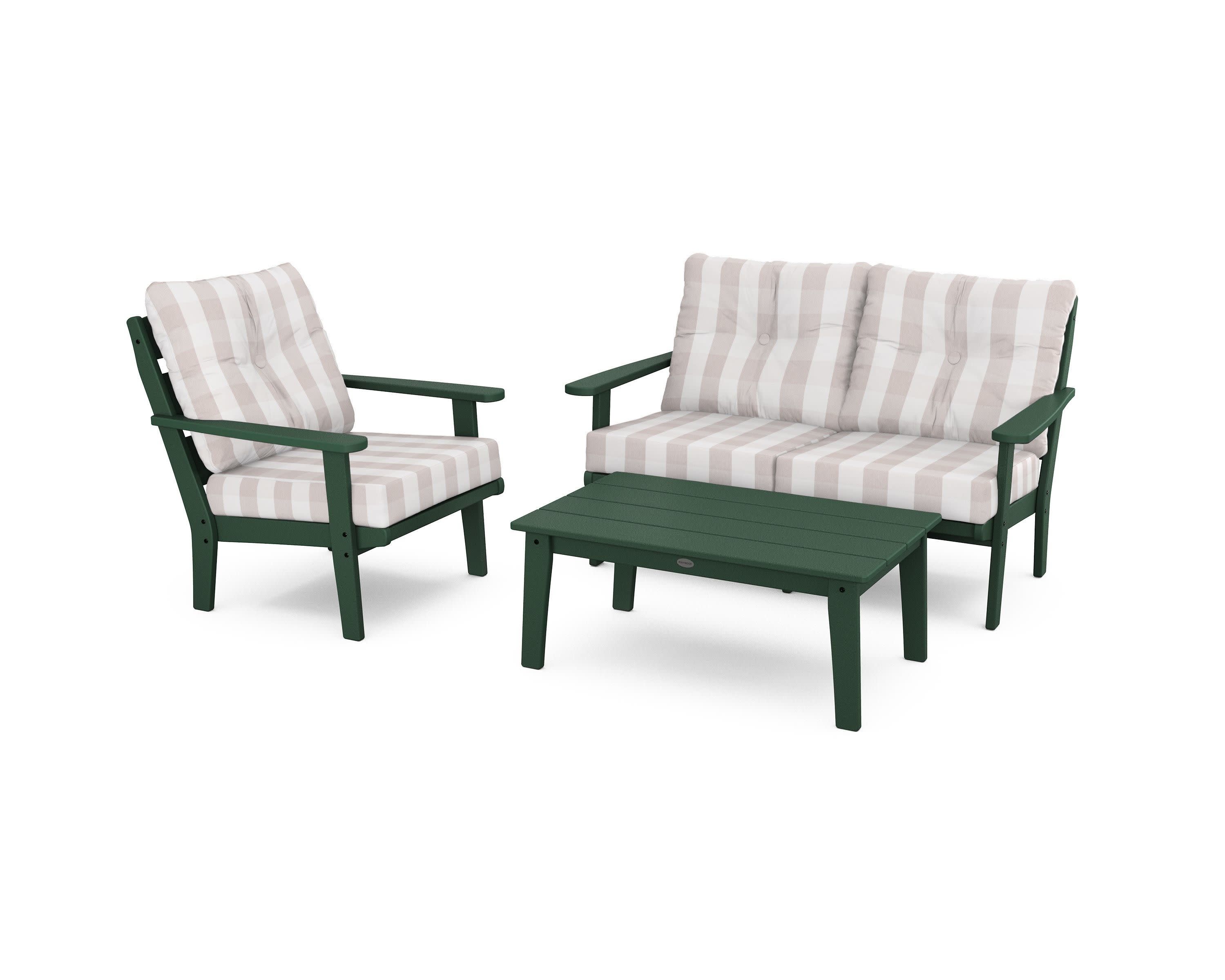 Lakeside 3-Piece Deep Seating Set in Green / Buffalo Plaid Dune Burlap