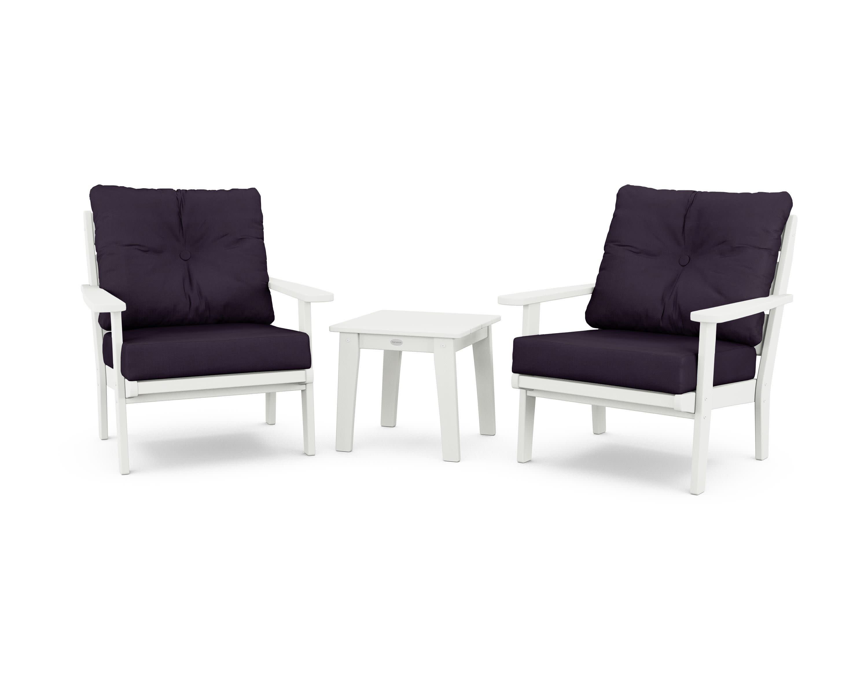 Lakeside 3-Piece Deep Seating Chair Set in Vintage White / Navy Linen