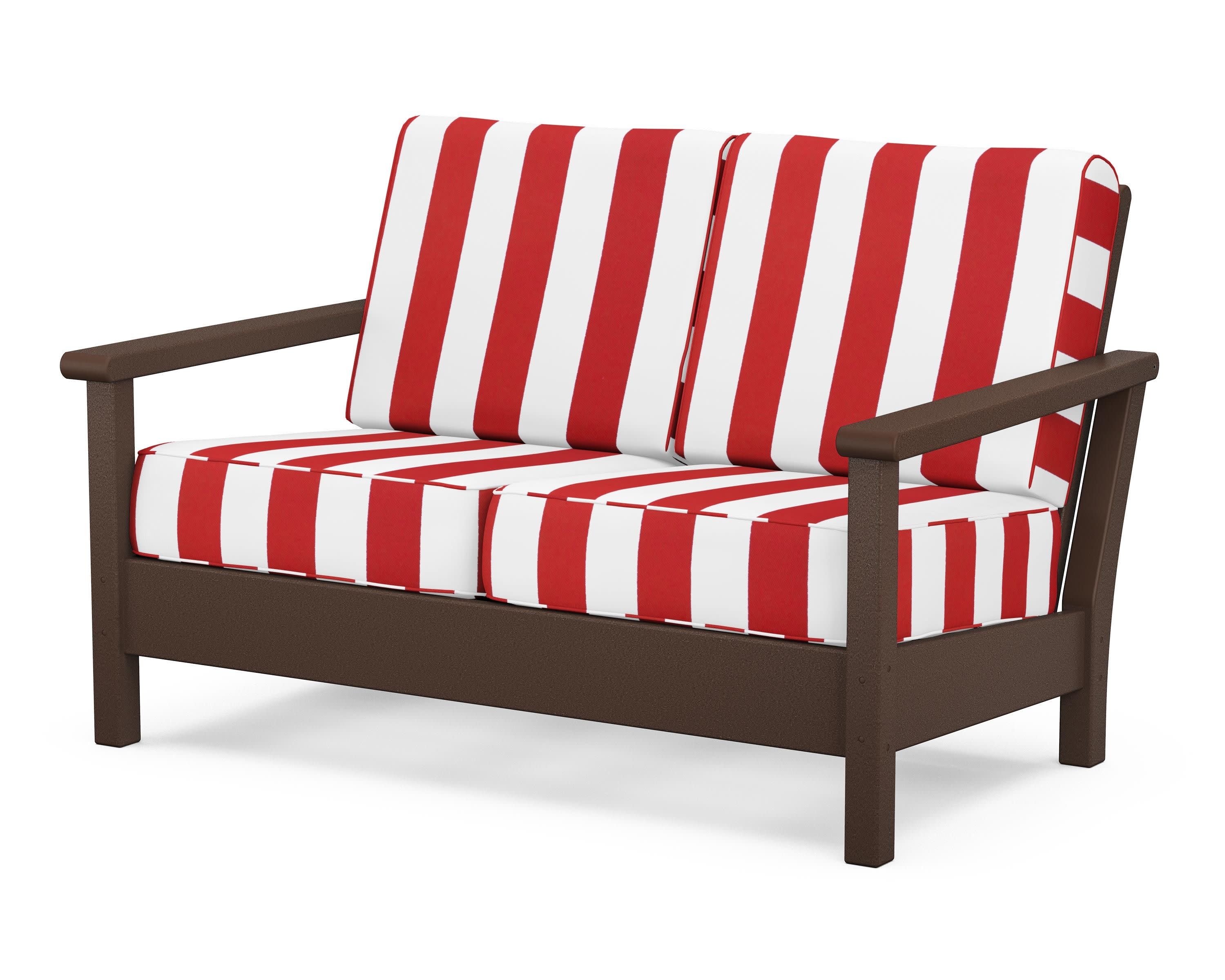 Harbour Deep Seating Loveseat in Mahogany / Cabana Stripe Crimson