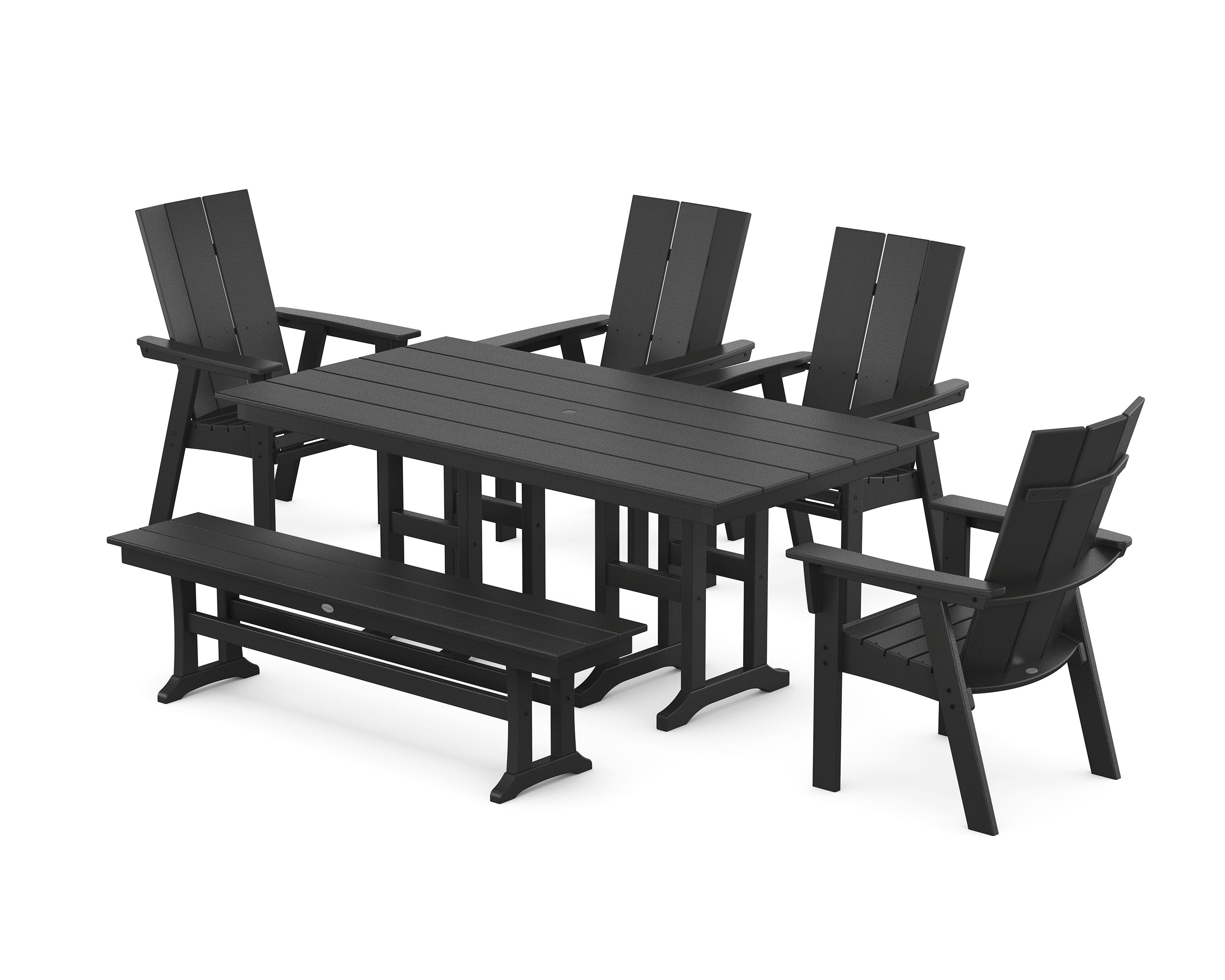 Modern Curveback Adirondack 6-Piece Farmhouse Dining Set with Bench in Black