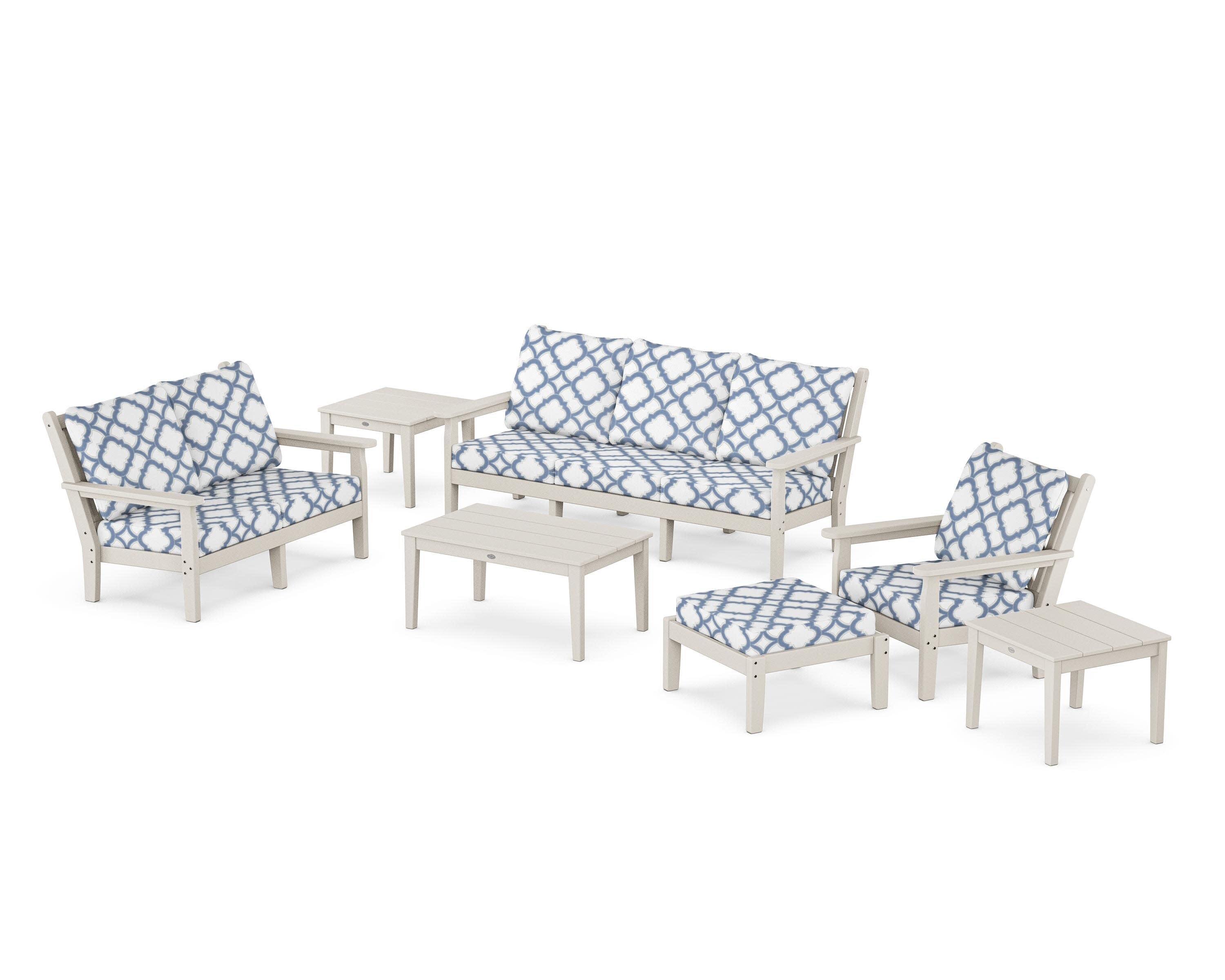 Chippendale 7-Piece Deep Seating Set in Sand / Trellis Sky Blue
