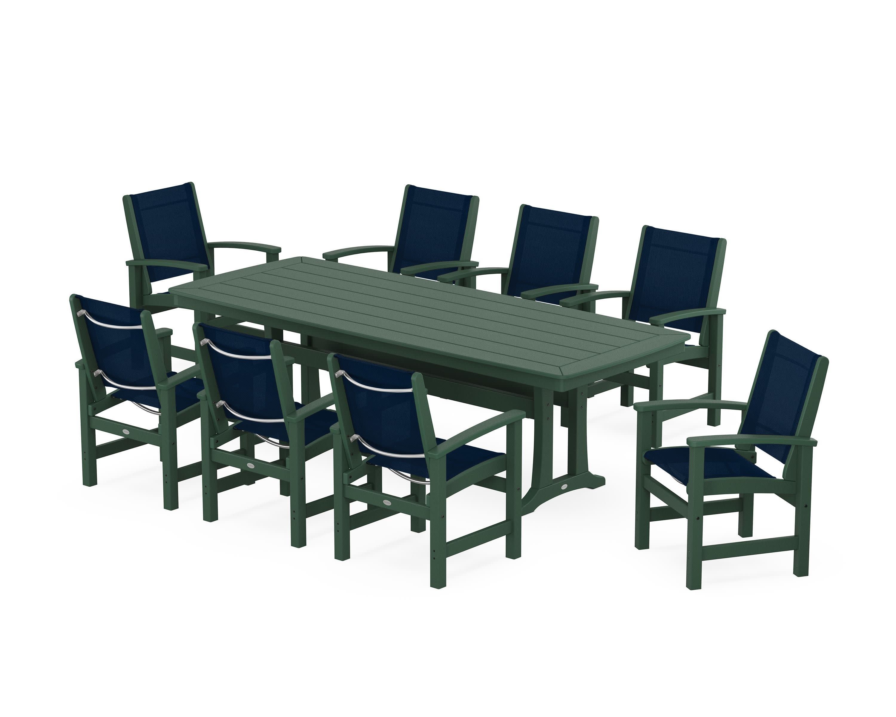 Coastal 9-Piece Dining Set with Trestle Legs in Green / Navy Blue Sling