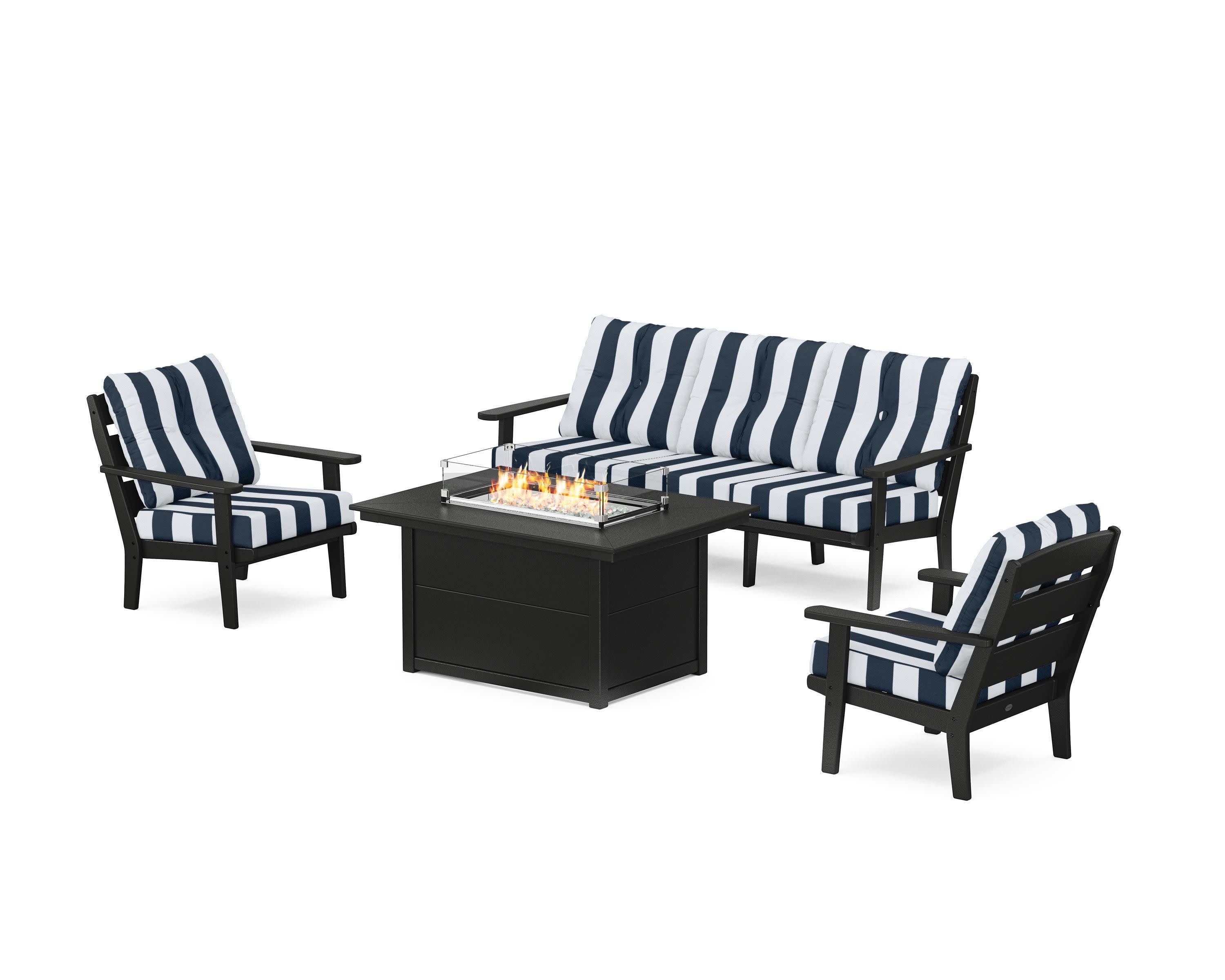 Lakeside Deep Seating Fire Pit Table Set in Black / Cabana Stripe Marine Indigo
