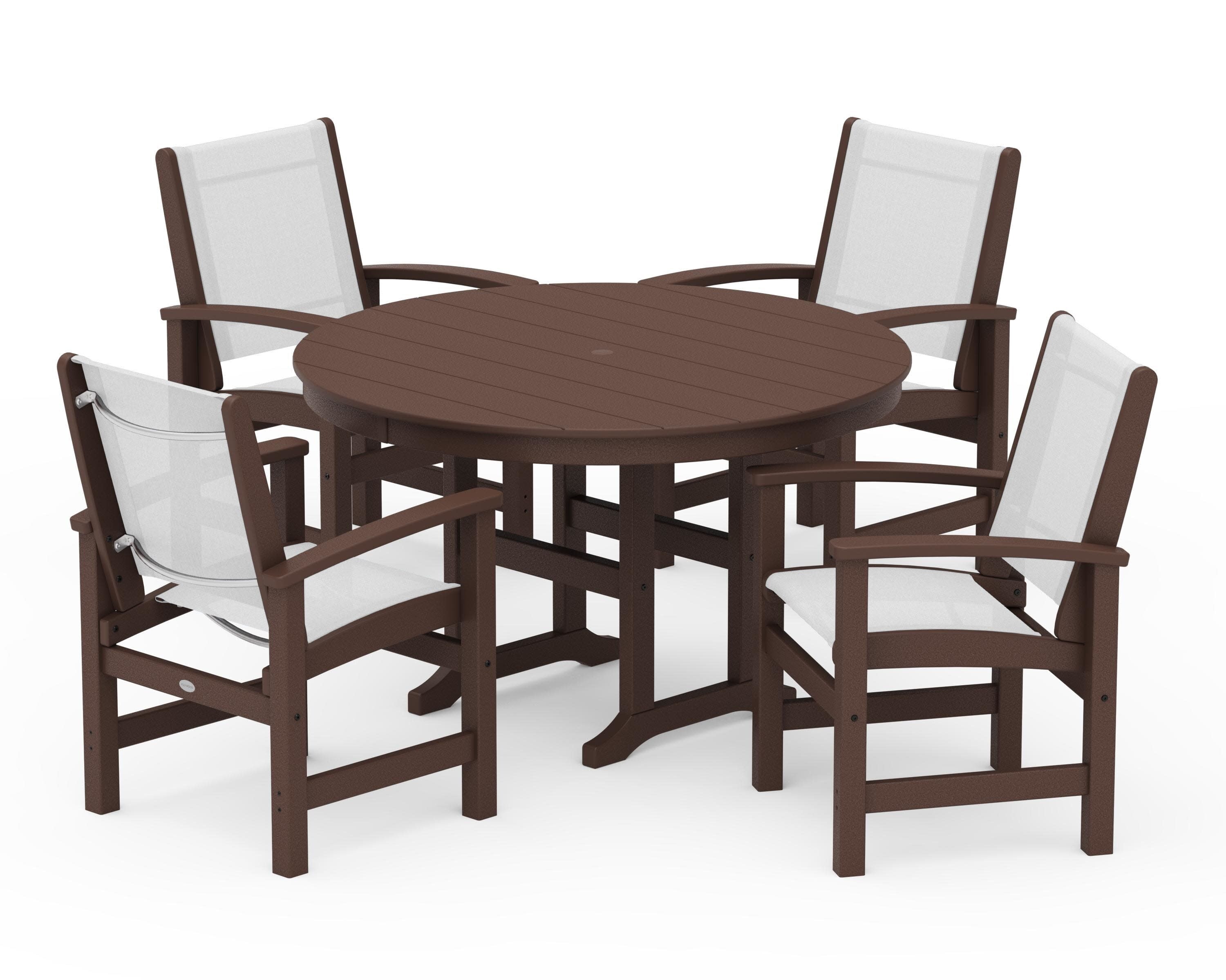 Coastal 5-Piece Round Farmhouse Dining Set in Mahogany / White Sling