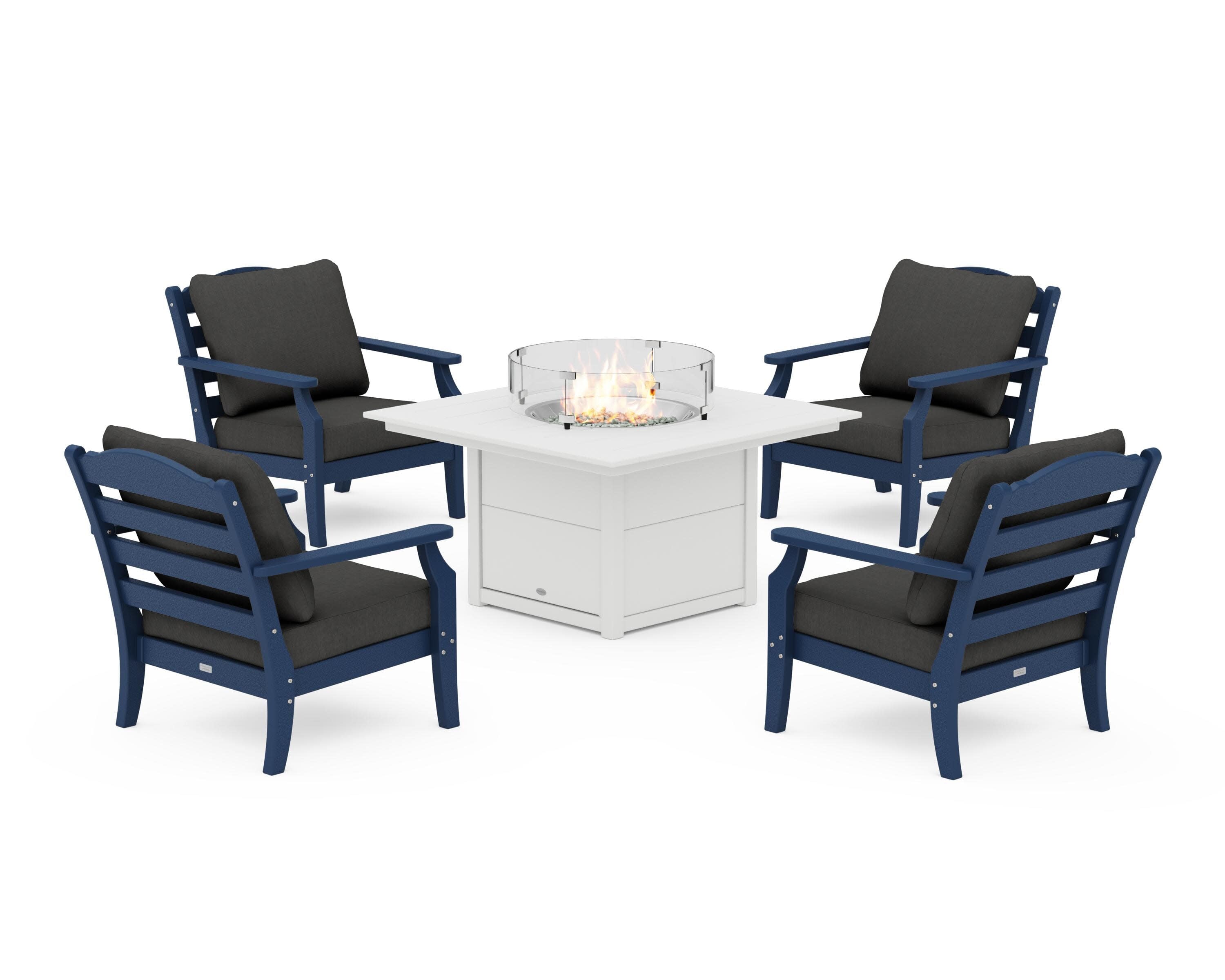 Savannah 5-Piece Deep Seating Set with Fire Pit Table in Navy / Spectrum Carbon