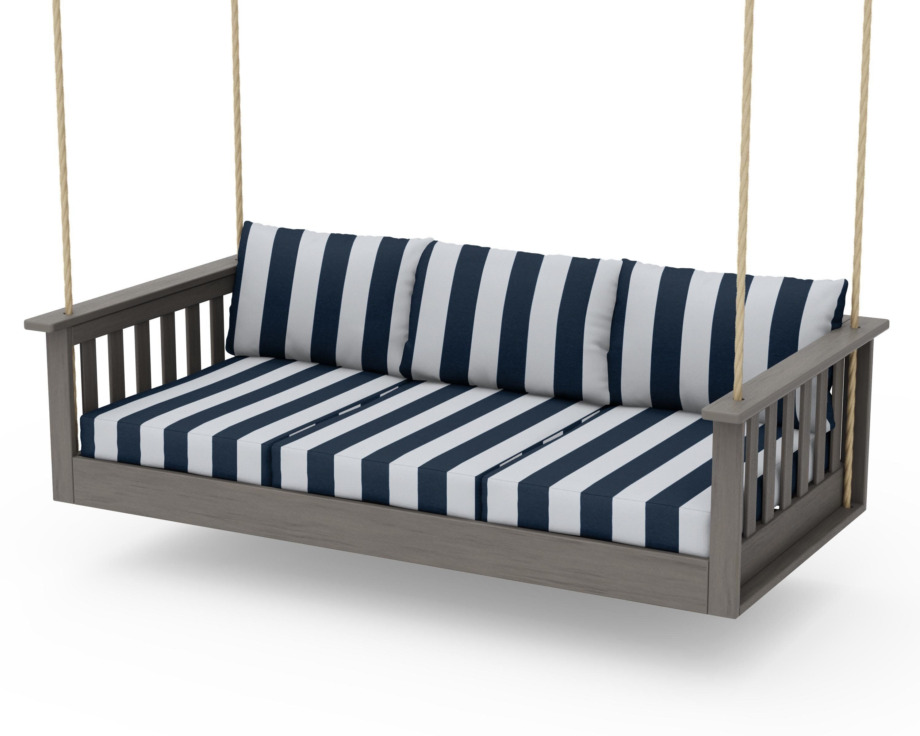 Vineyard Daybed Swing in Driftwood / Cabana Stripe Marine Indigo