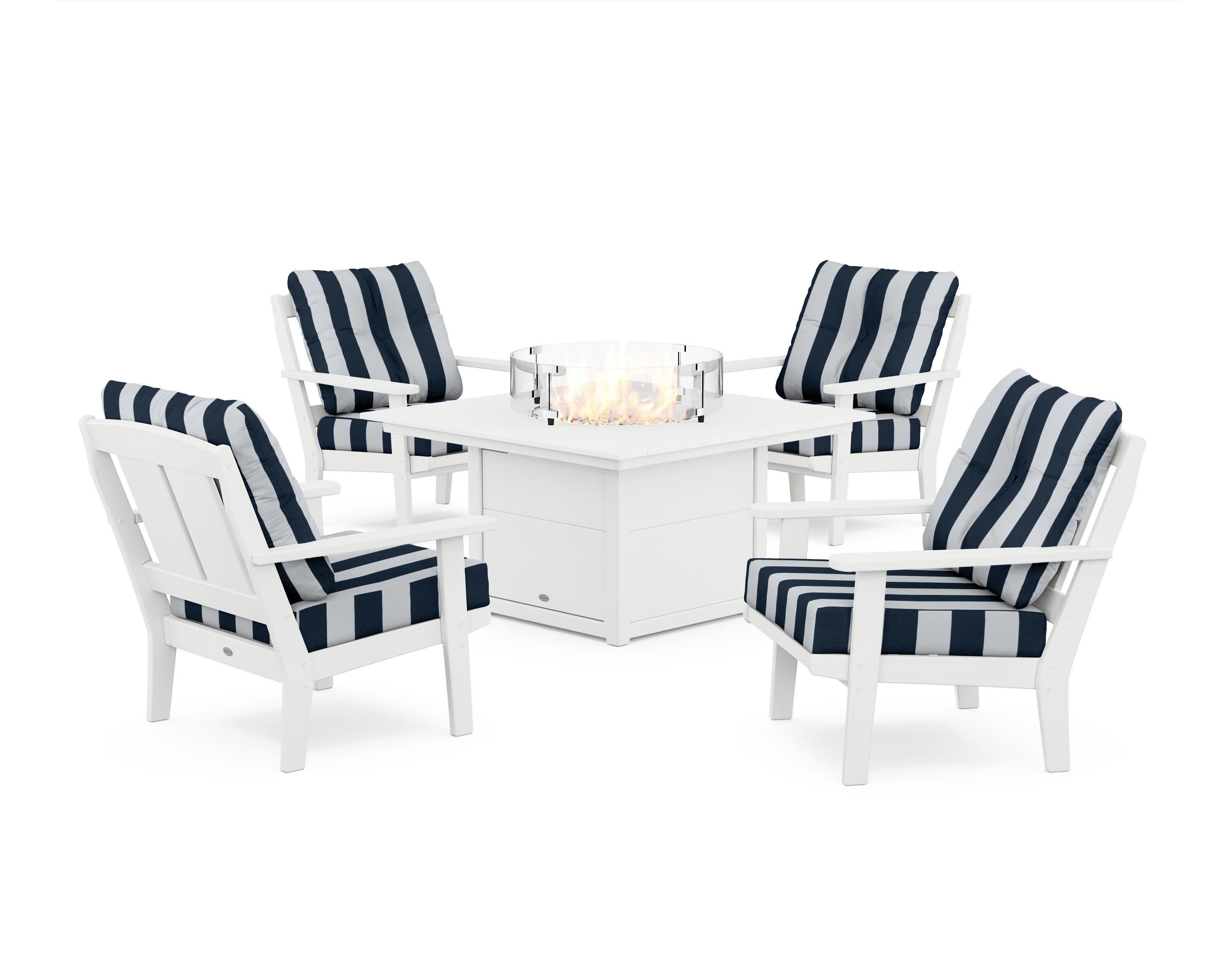 Mission 5-Piece Deep Seating Set with Fire Pit Table in White / Cabana Stripe Marine Indigo