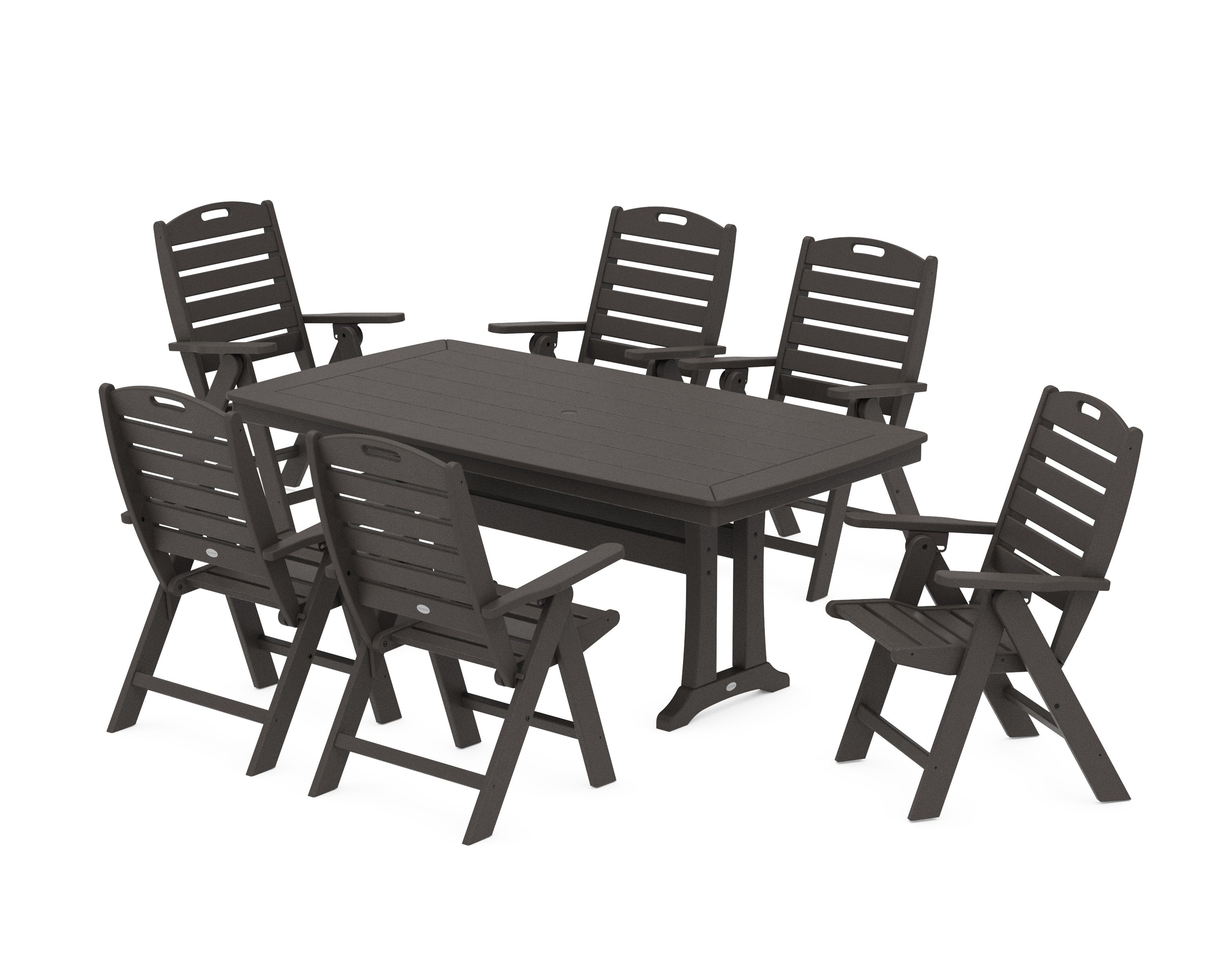 Nautical Folding Highback Chair 7-Piece Dining Set with Trestle Legs in Vintage Coffee