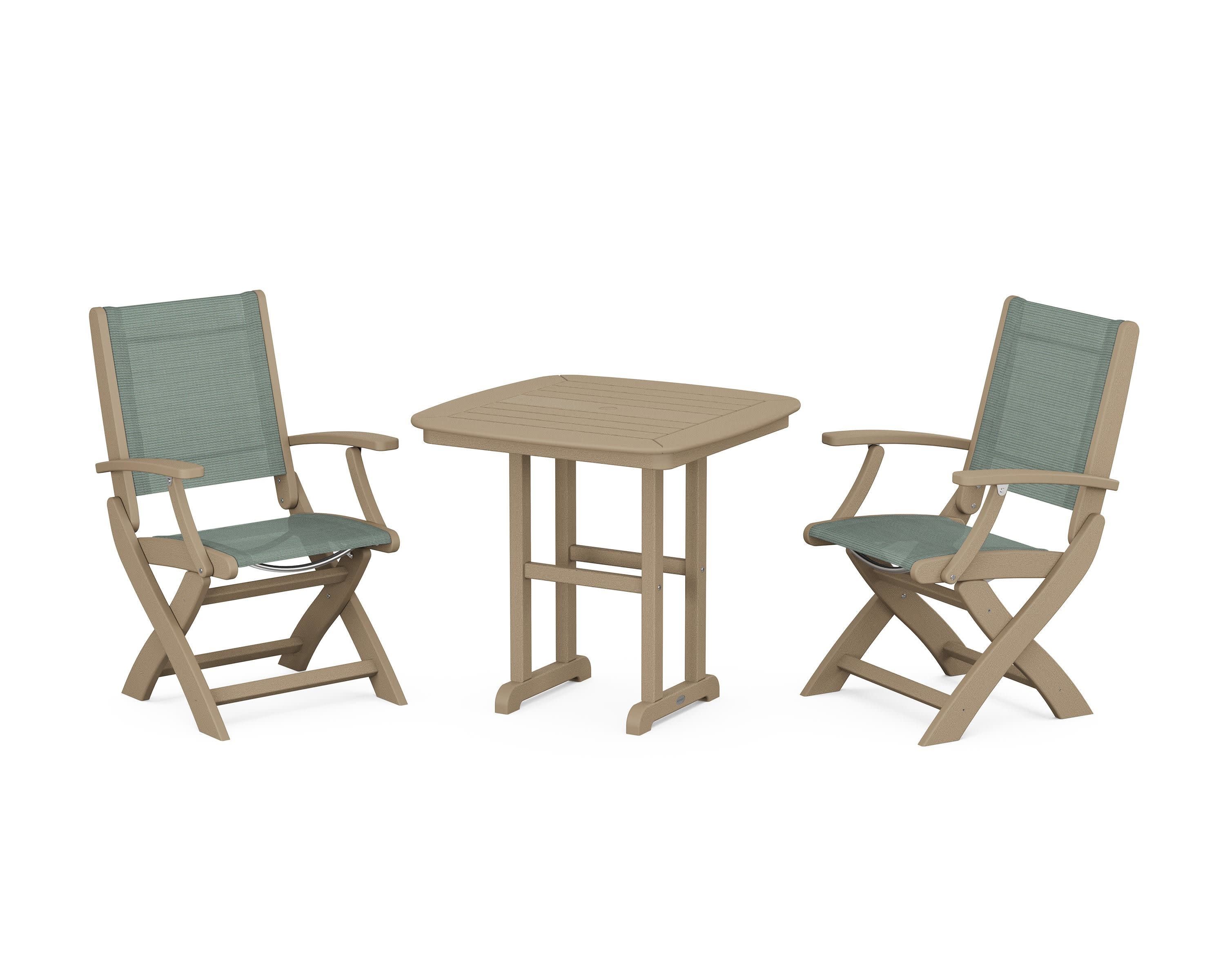 Coastal Folding Chair 3-Piece Dining Set in Vintage Sahara / Dupioni Sea Mist Sling