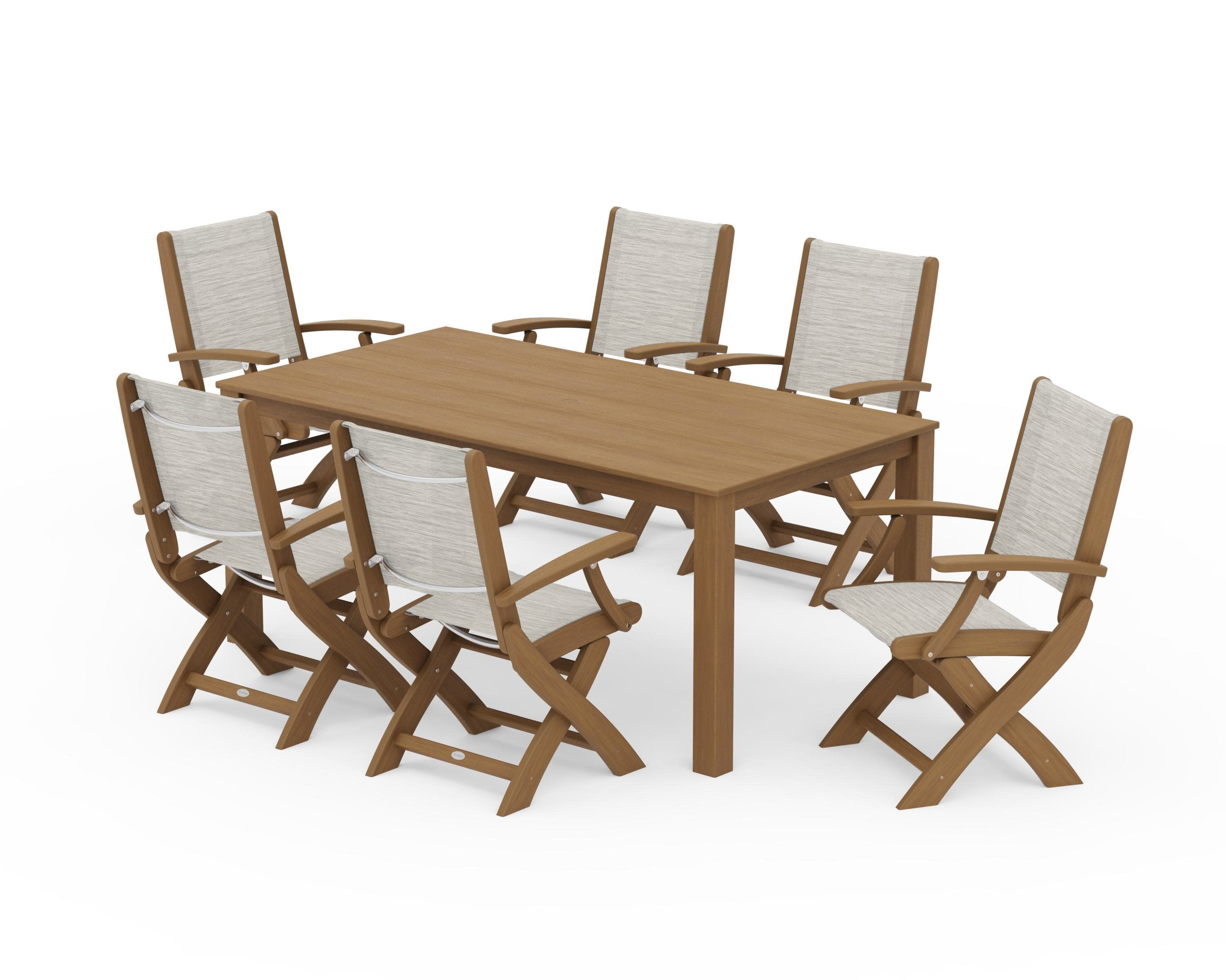Coastal Folding Chair 7-Piece Parsons Dining Set in Natural / Birch Sling