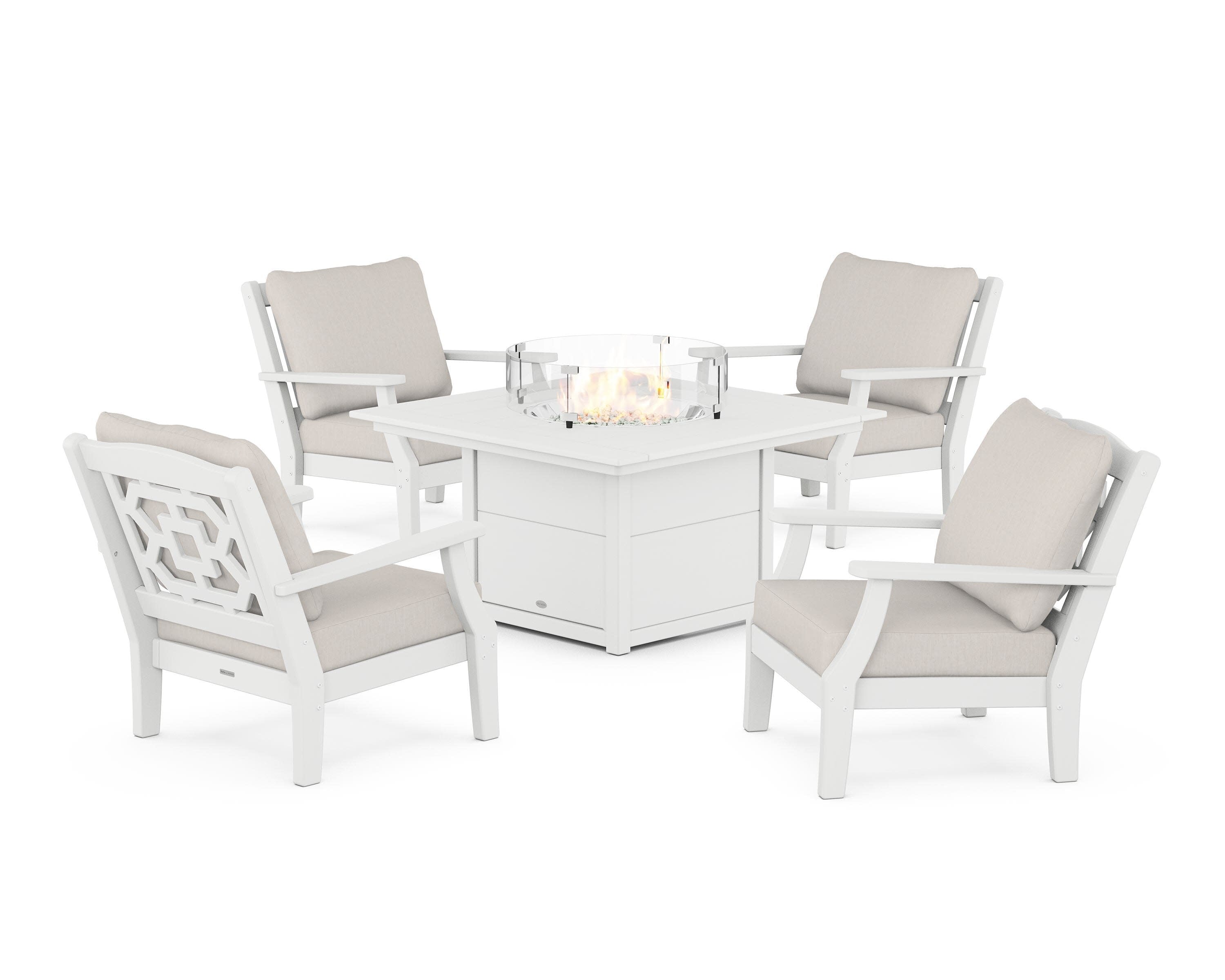 Chinoiserie 5-Piece Deep Seating Set with Fire Pit Table in White / Cast Ash