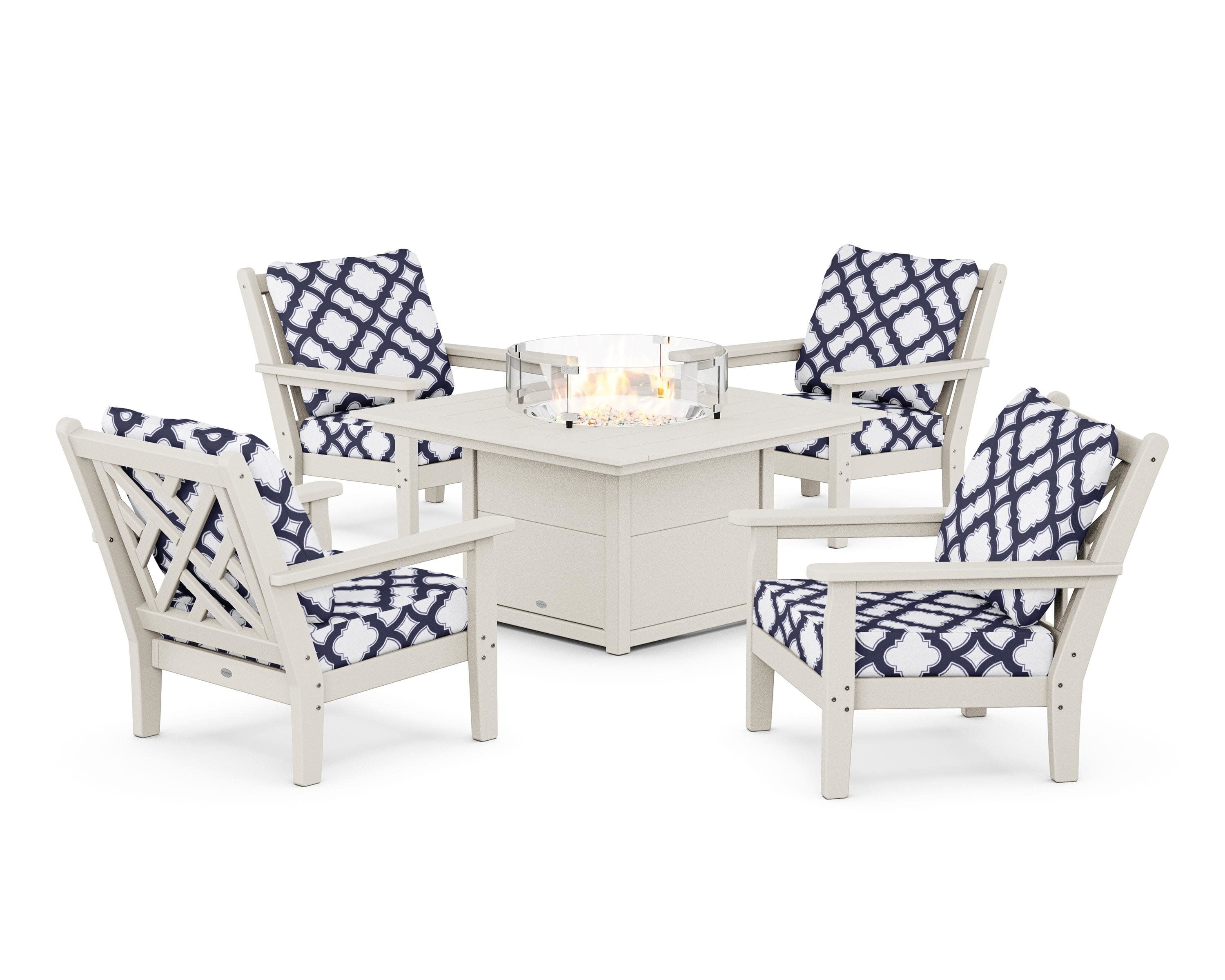 Chippendale 5-Piece Deep Seating Set with Fire Pit Table in Sand / Trellis Navy