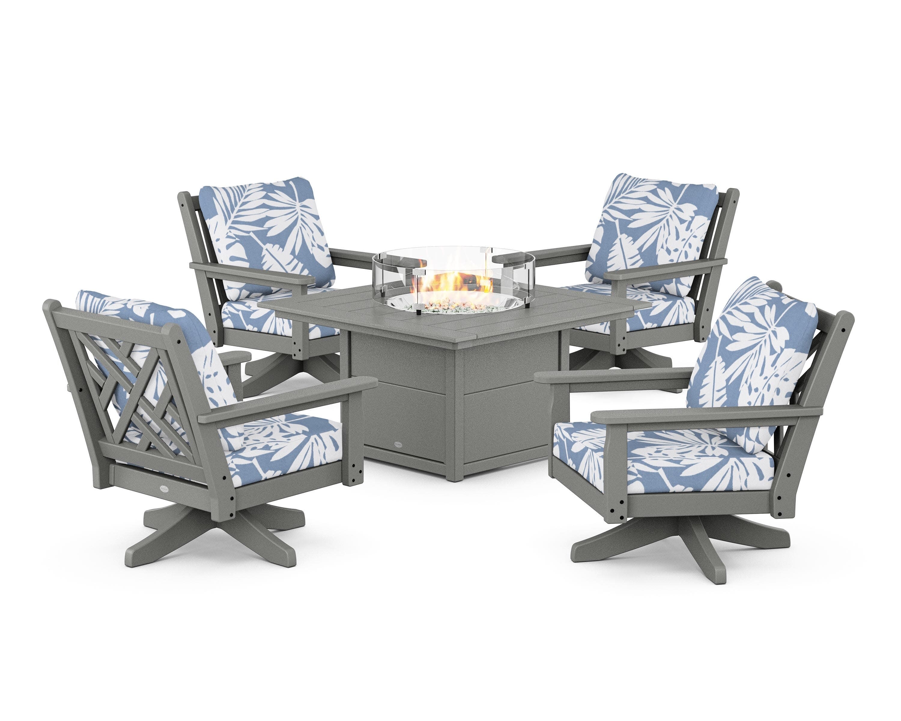 Chippendale 5-Piece Deep Seating Swivel Conversation Set with Fire Pit Table in Slate Grey / Leaf Sky Blue