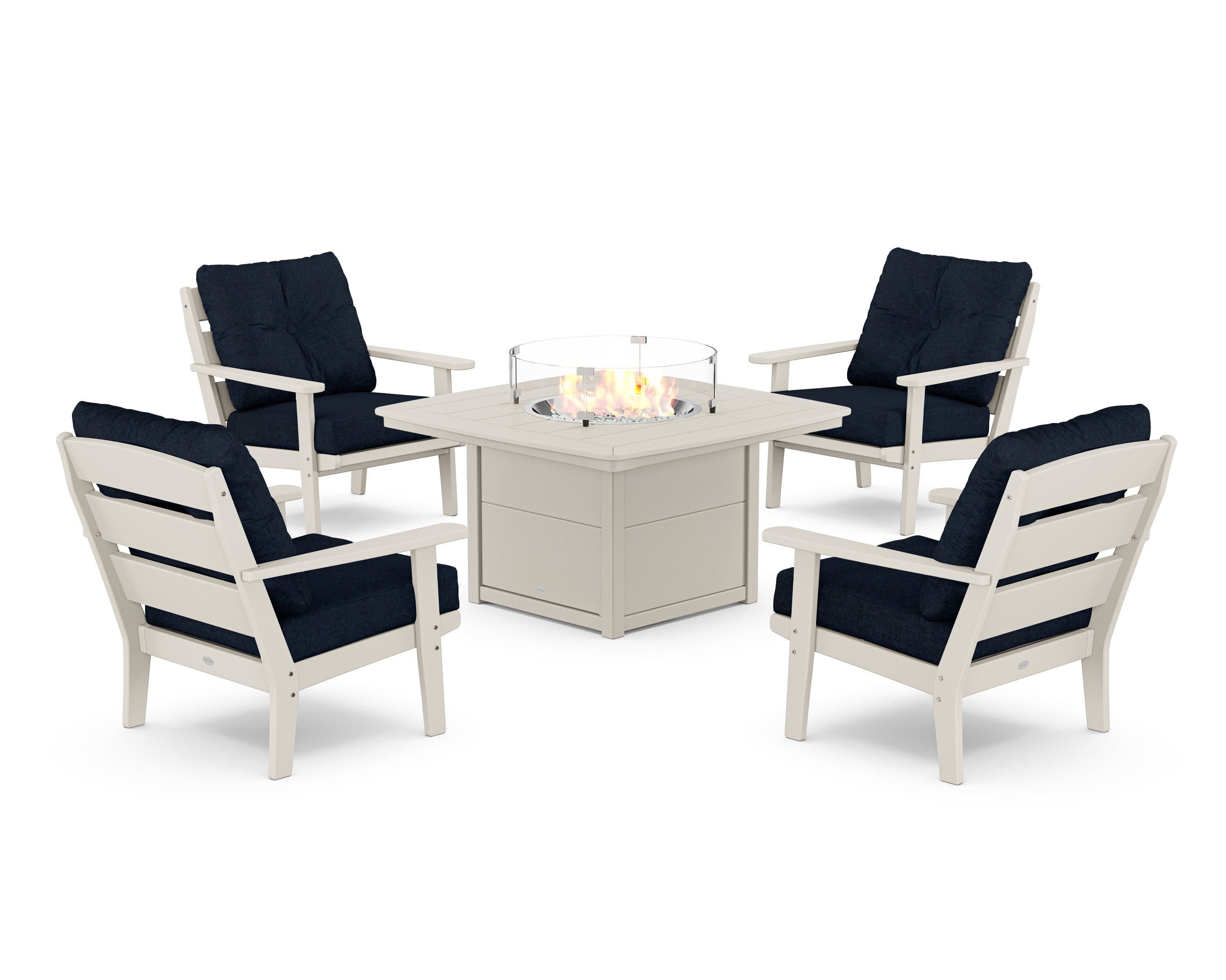 Lakeside 5-Piece Deep Seating Set with Nautical Fire Pit Table in Sand / Marine Indigo