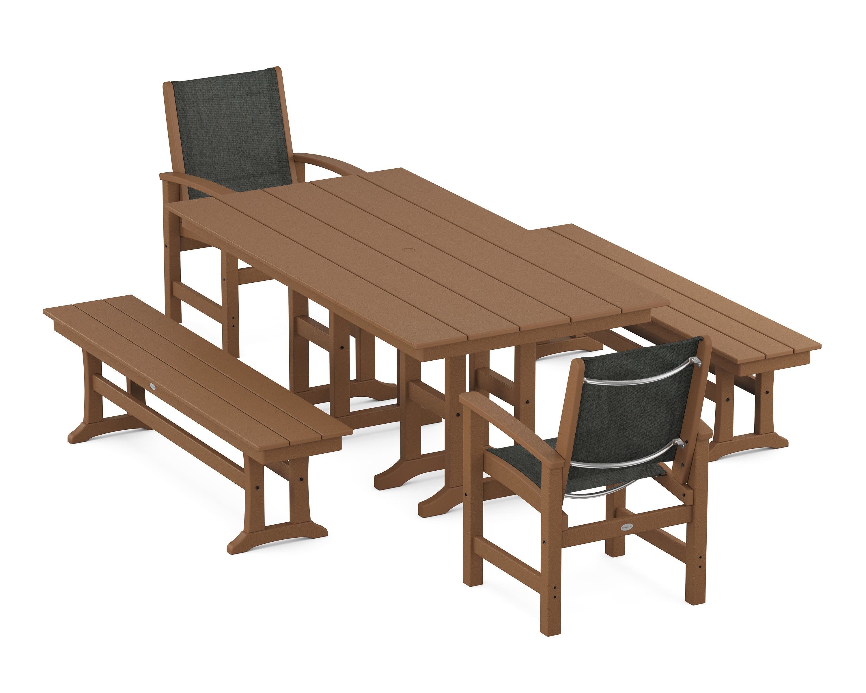 Coastal 5-Piece Farmhouse Dining Set in Teak / Ember Sling