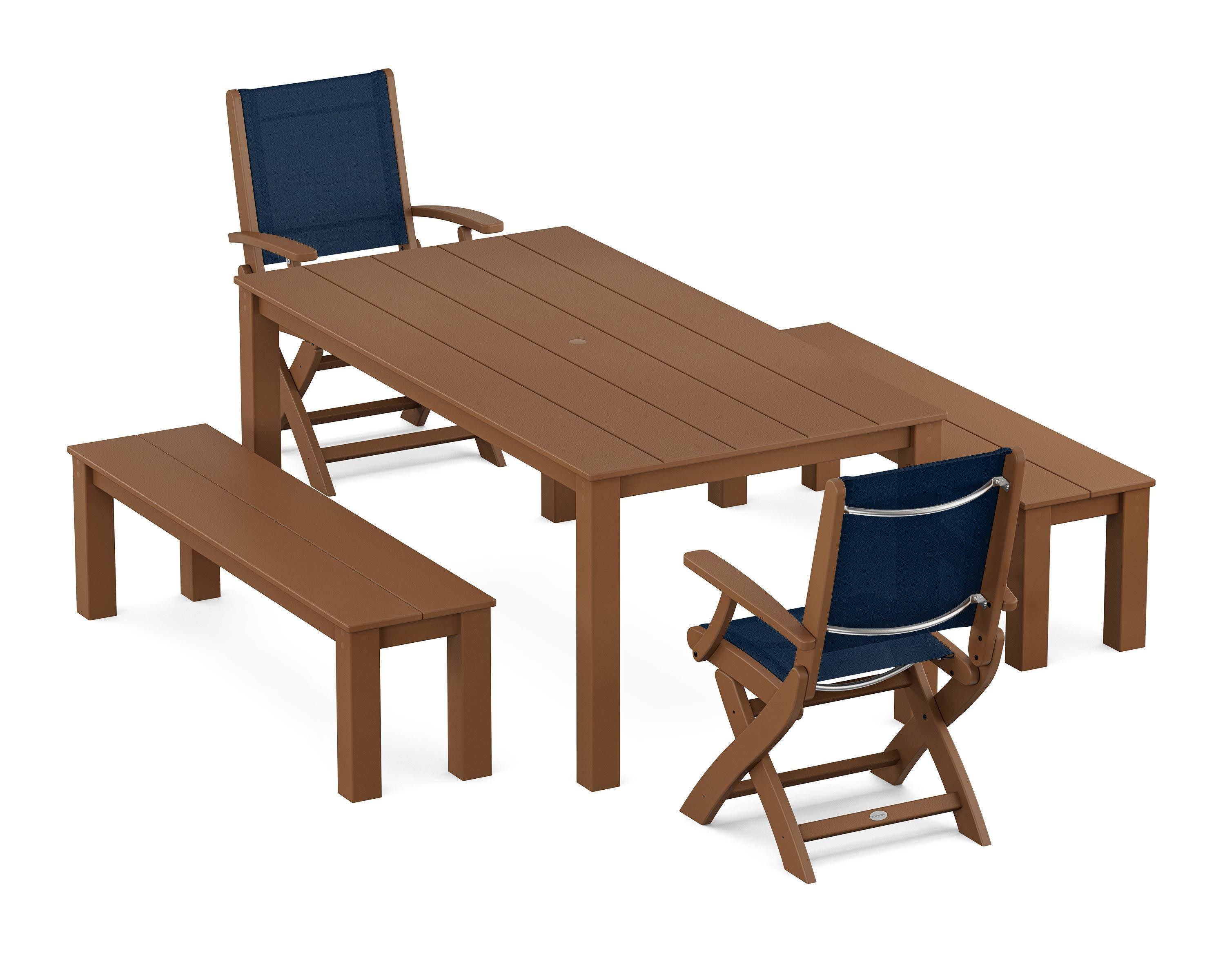 Coastal Folding Chair 5-Piece Parsons Dining Set with Benches in Teak / Navy Blue Sling