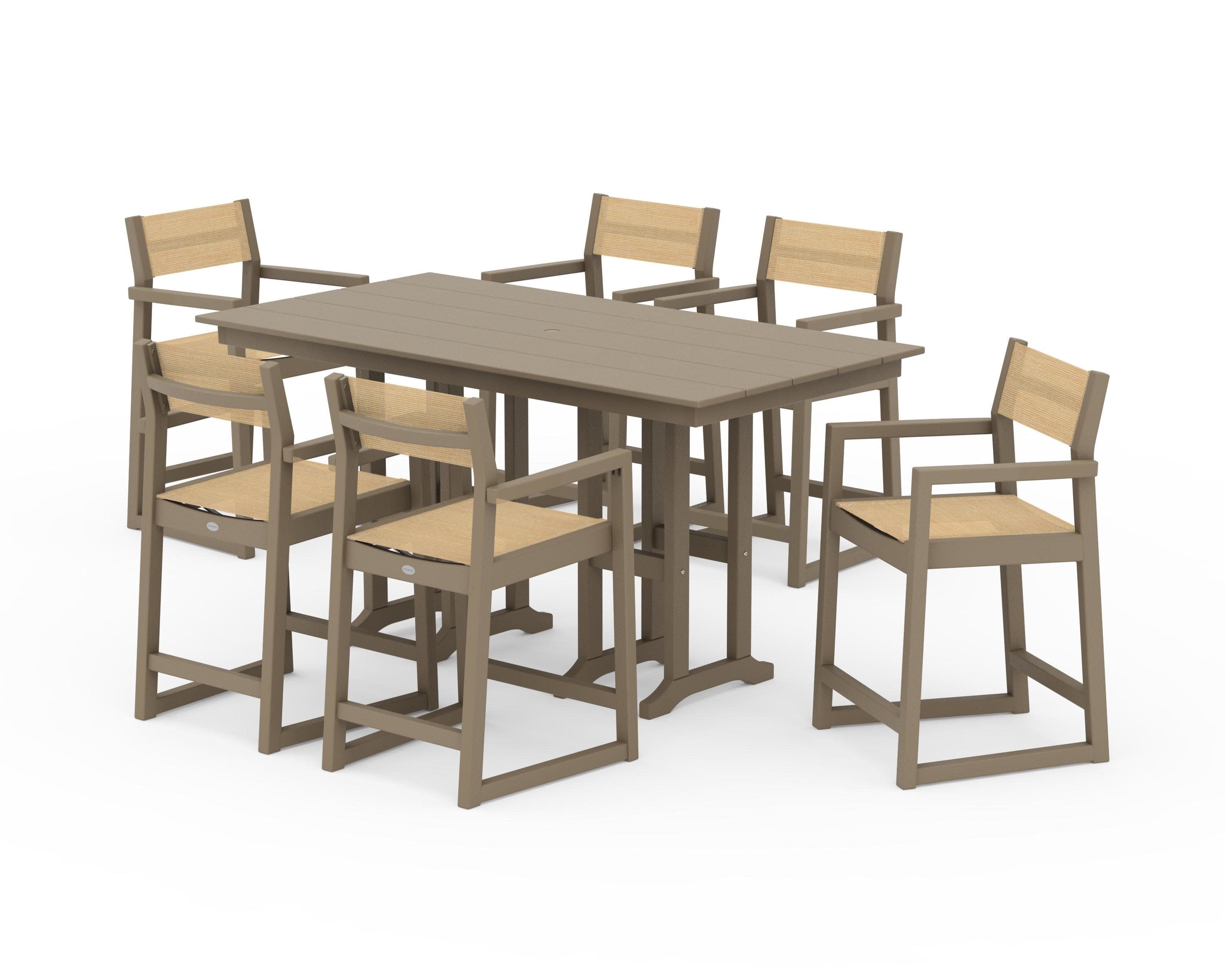 EDGE Sling Arm Chair 7-Piece Farmhouse Counter Set in Vintage Sahara / Dupioni Apricot Sling