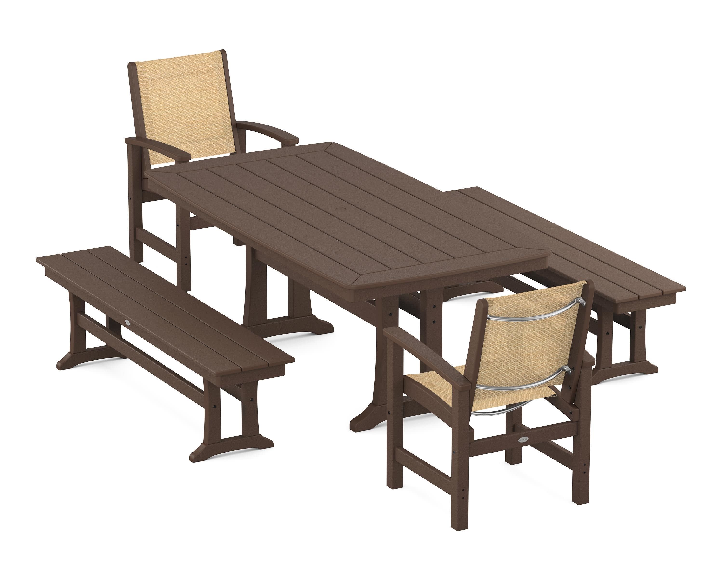 Coastal 5-Piece Dining Set with Trestle Legs and Benches in Mahogany / Dupioni Apricot Sling