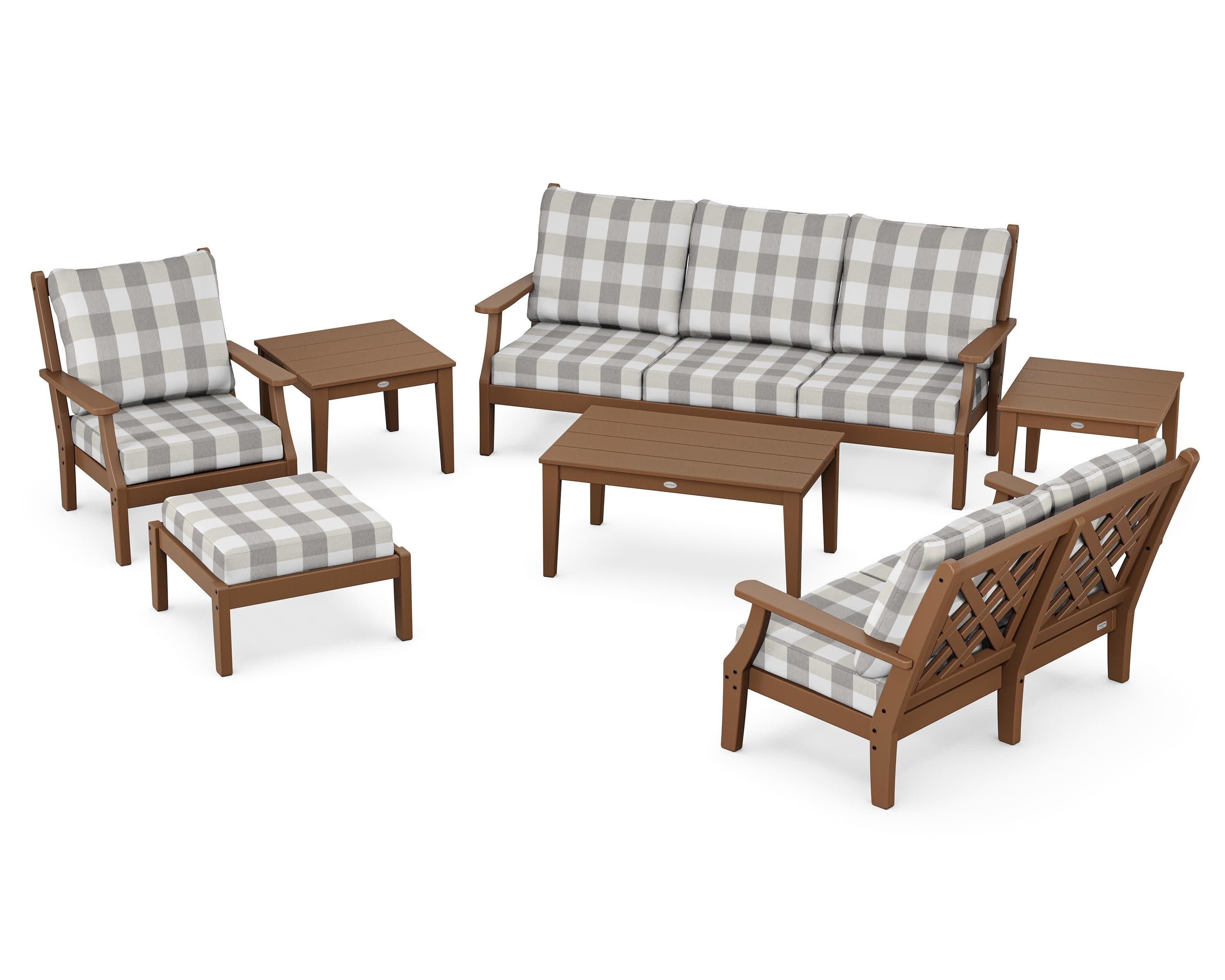 Wovendale 7-Piece Deep Seating Set in Teak / Buffalo Plaid Grey Mist
