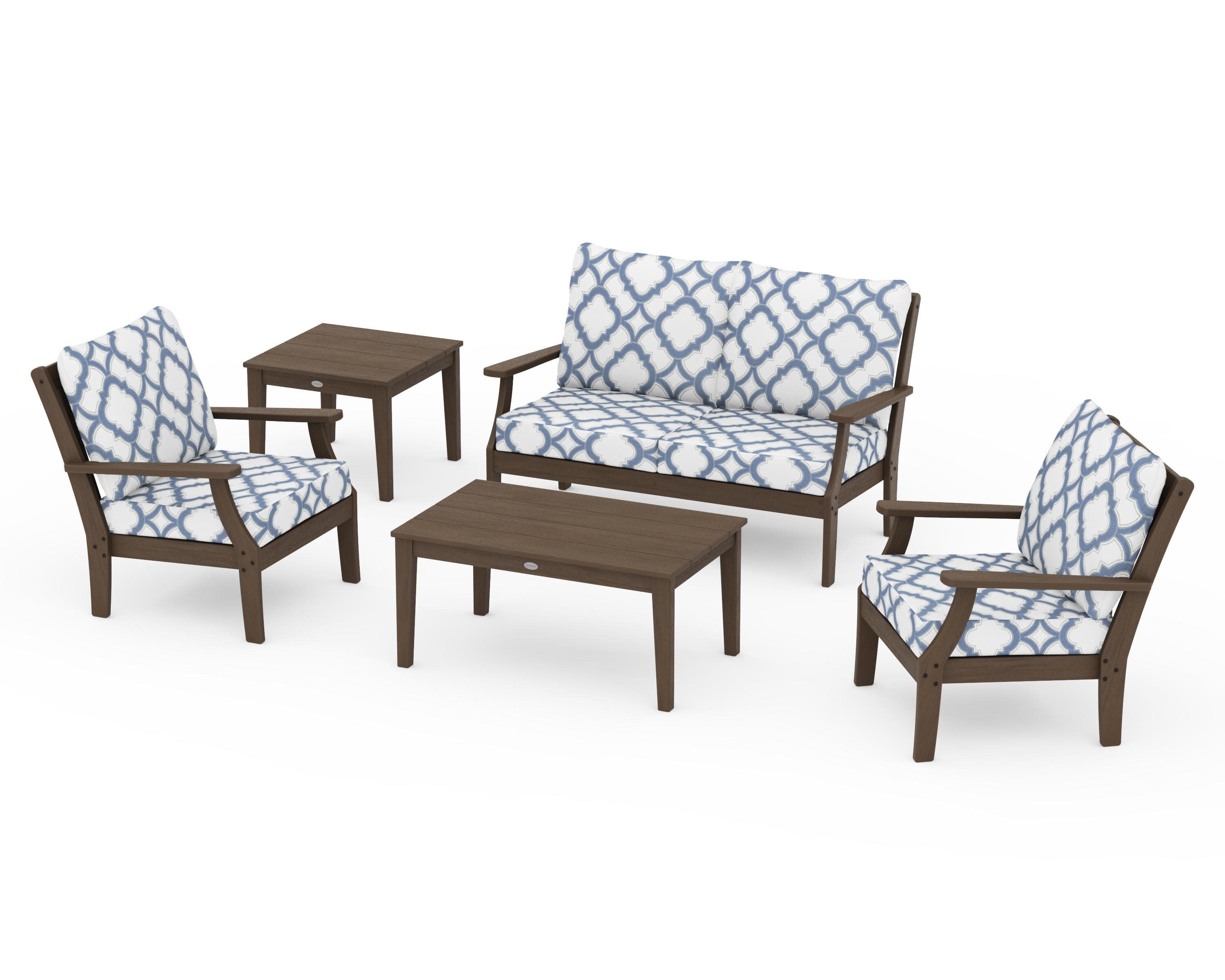 Braxton 5-Piece Deep Seating Set in Kona / Trellis Sky Blue