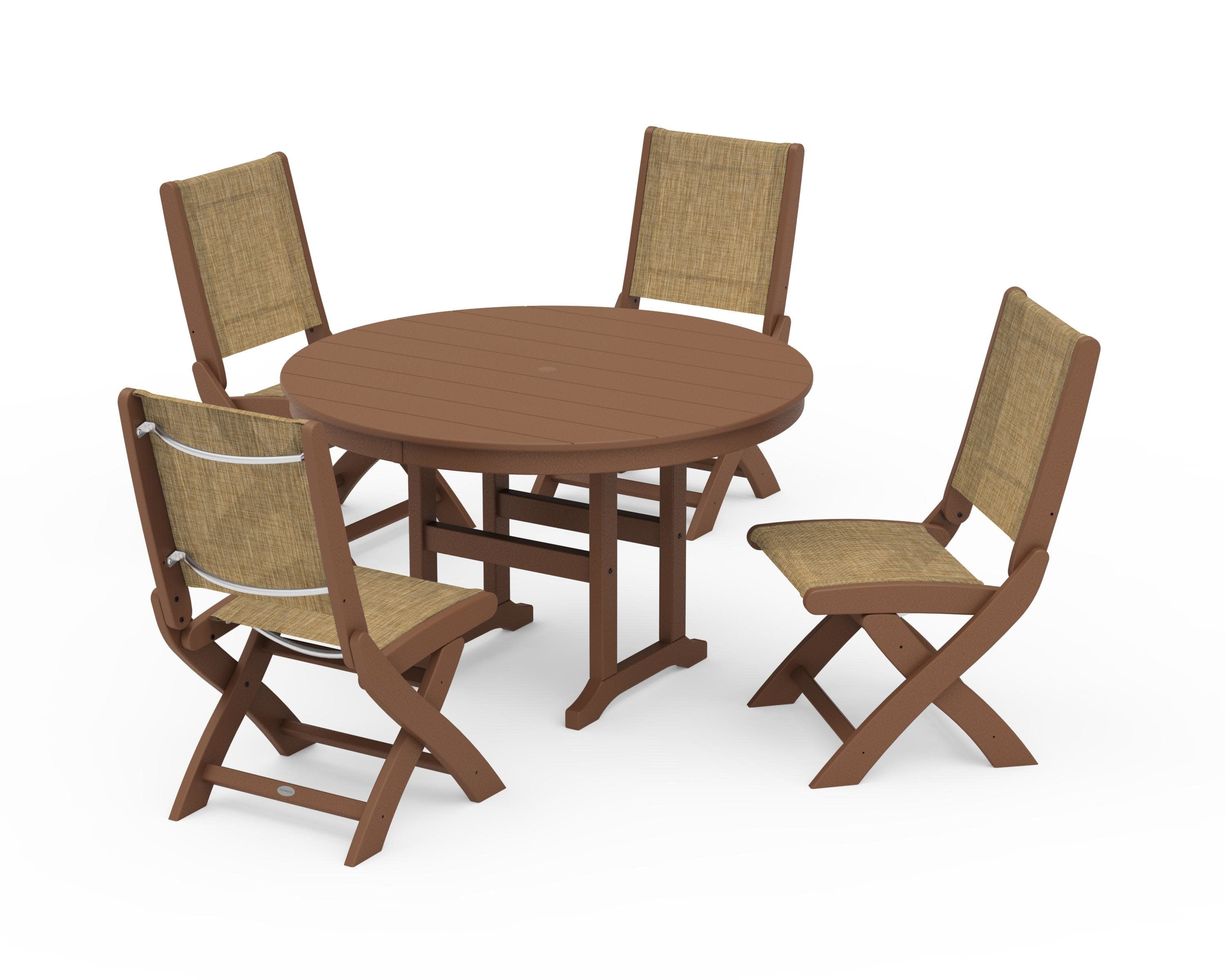 Coastal Folding Side Chair 5-Piece Round Dining Set in Teak / Burlap Sling