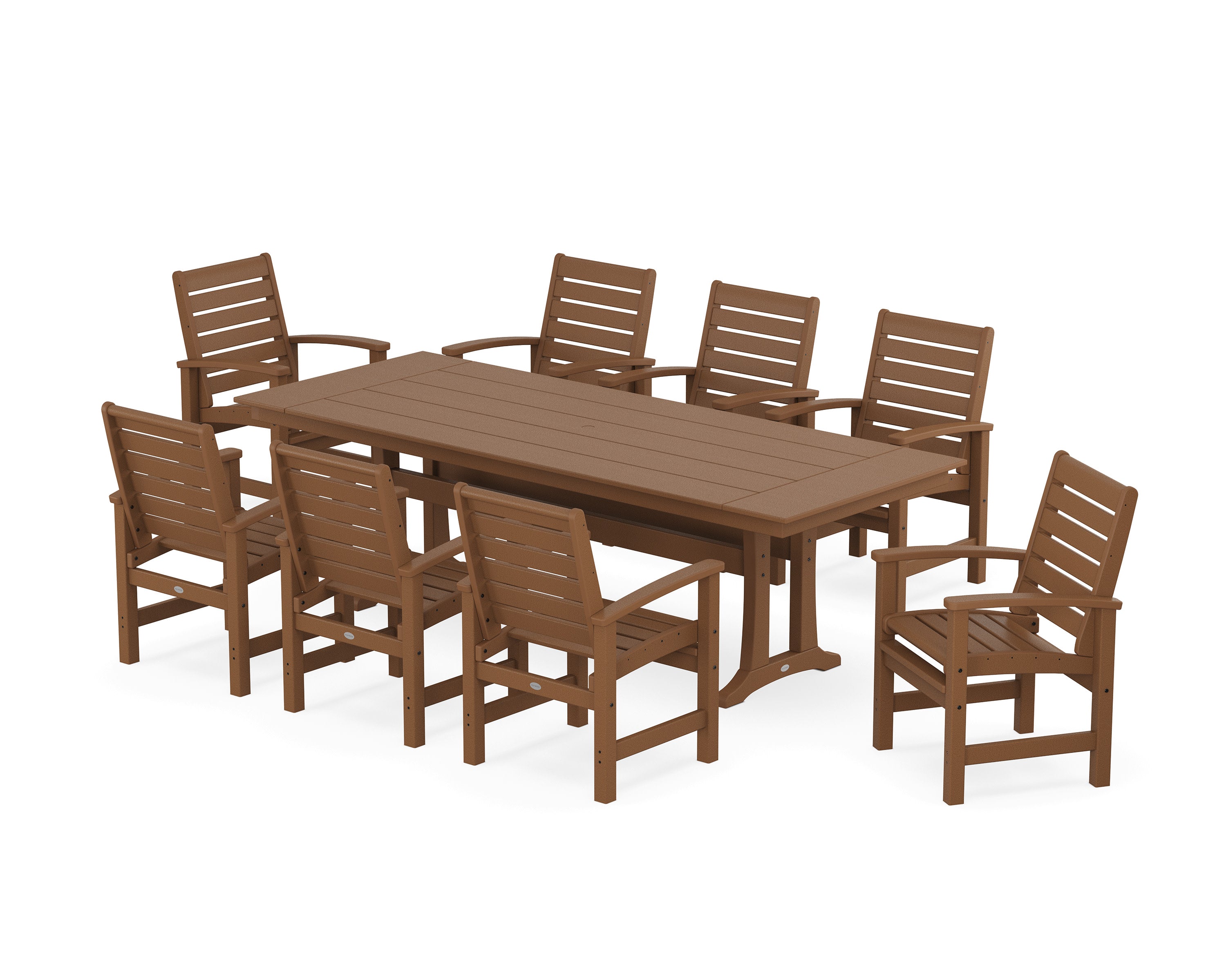 Signature 9-Piece Farmhouse Dining Set with Trestle Legs in Teak