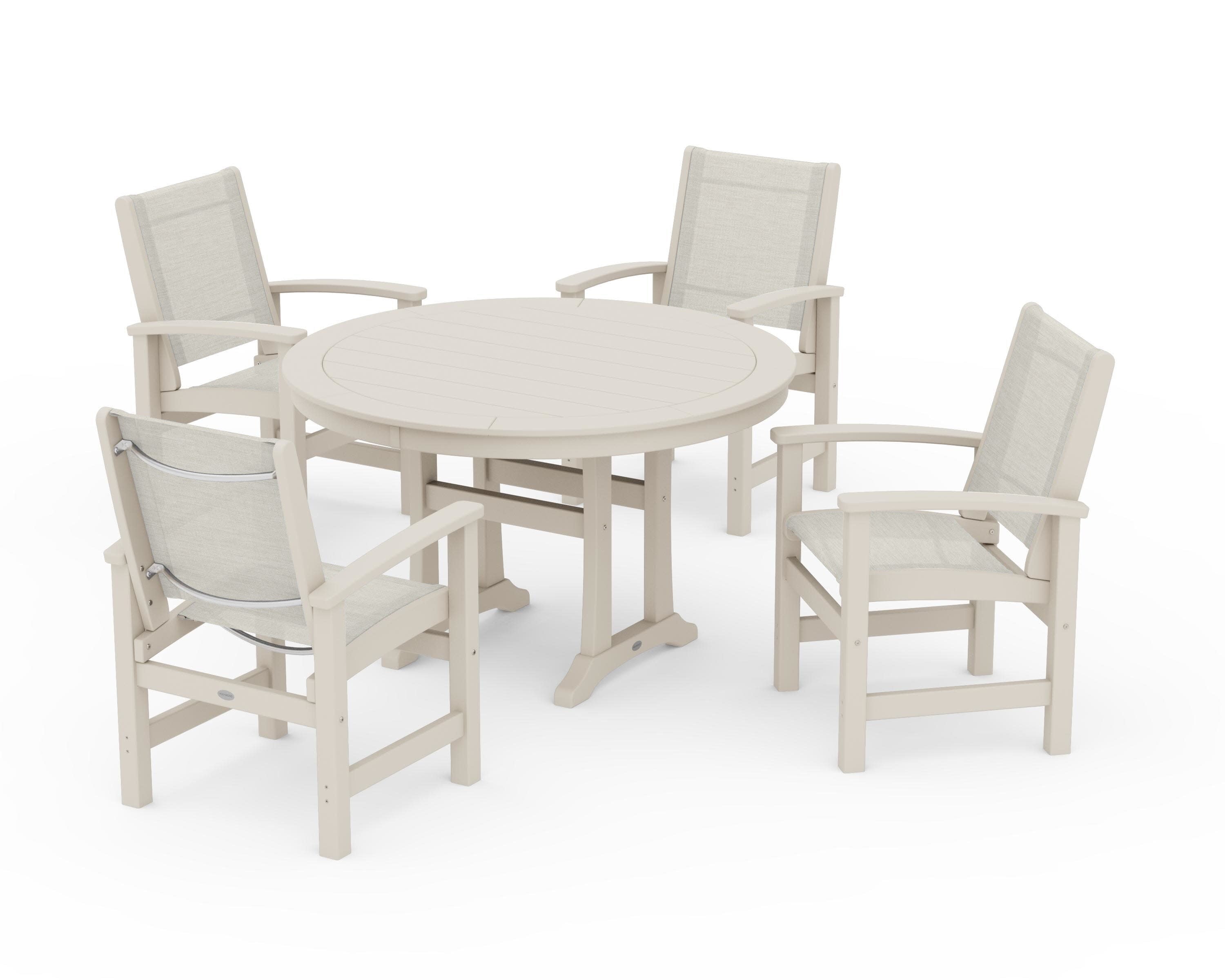 Coastal 5-Piece Round Dining Set with Trestle Legs in Sand / Parchment Sling