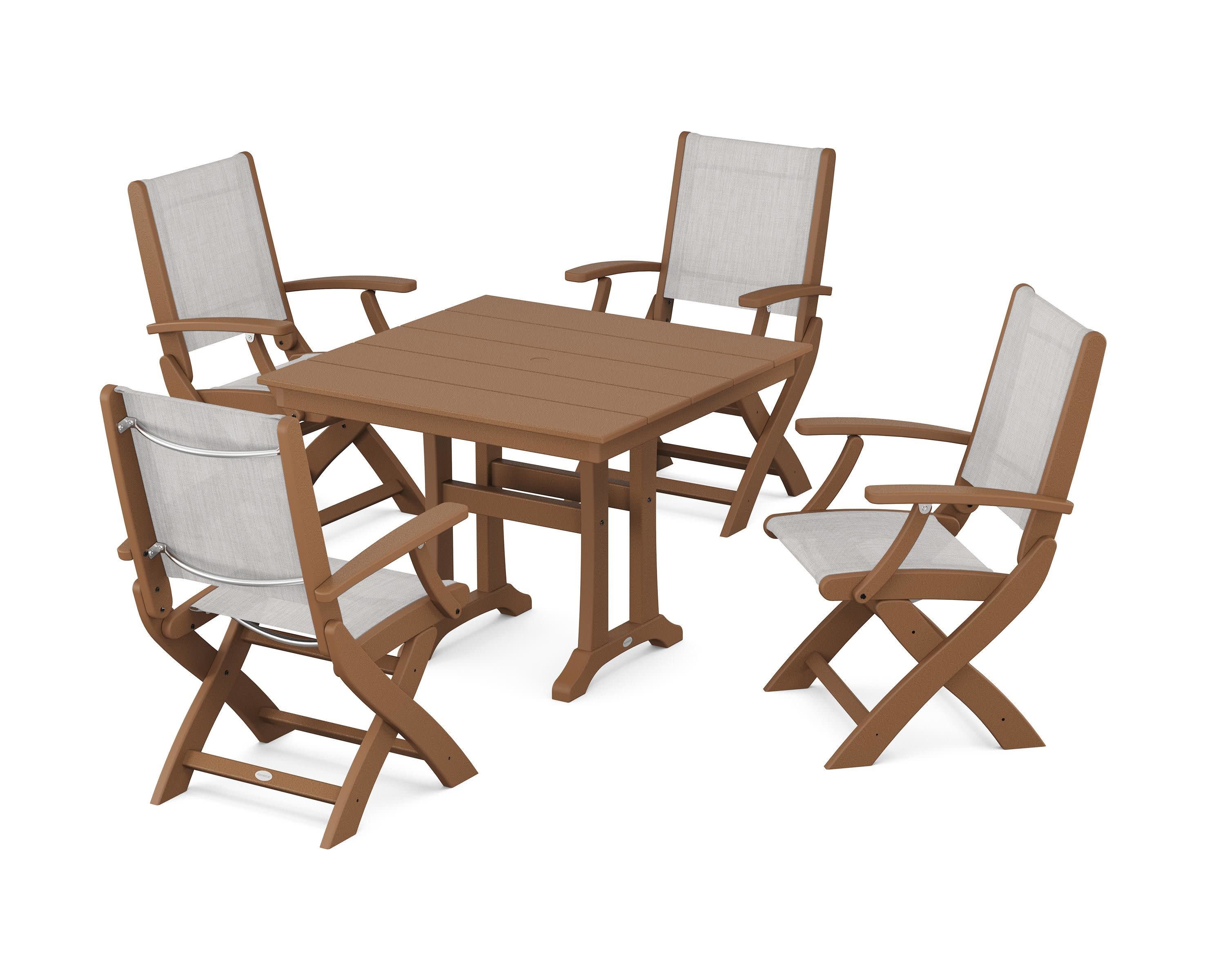 Coastal Folding Chair 5-Piece Farmhouse Dining Set With Trestle Legs in Teak / Parchment Sling