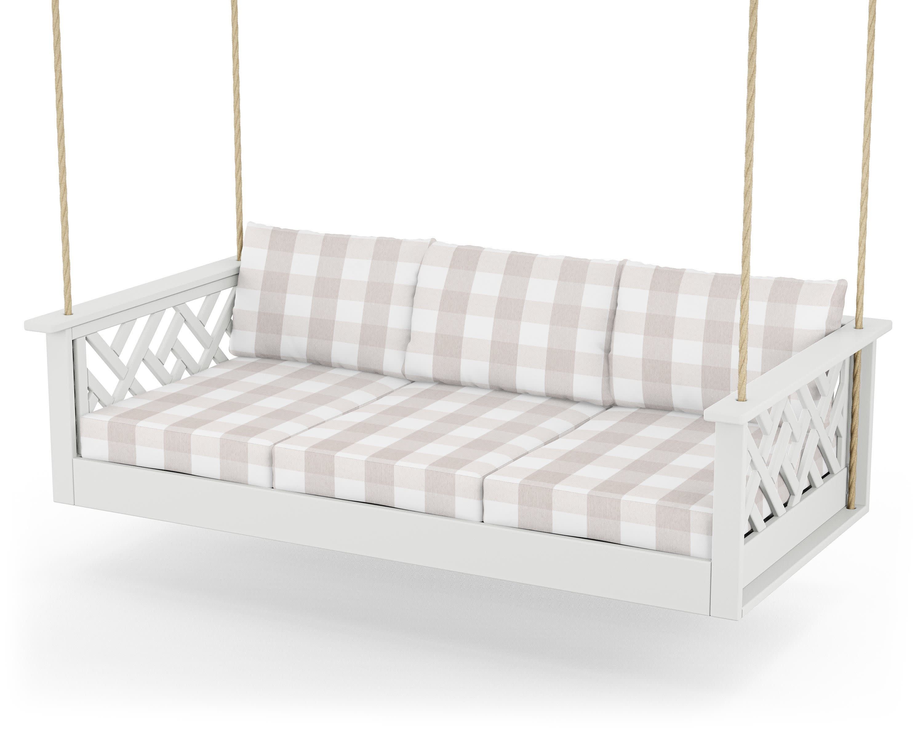 Chippendale Daybed Swing in White / Buffalo Plaid Dune Burlap