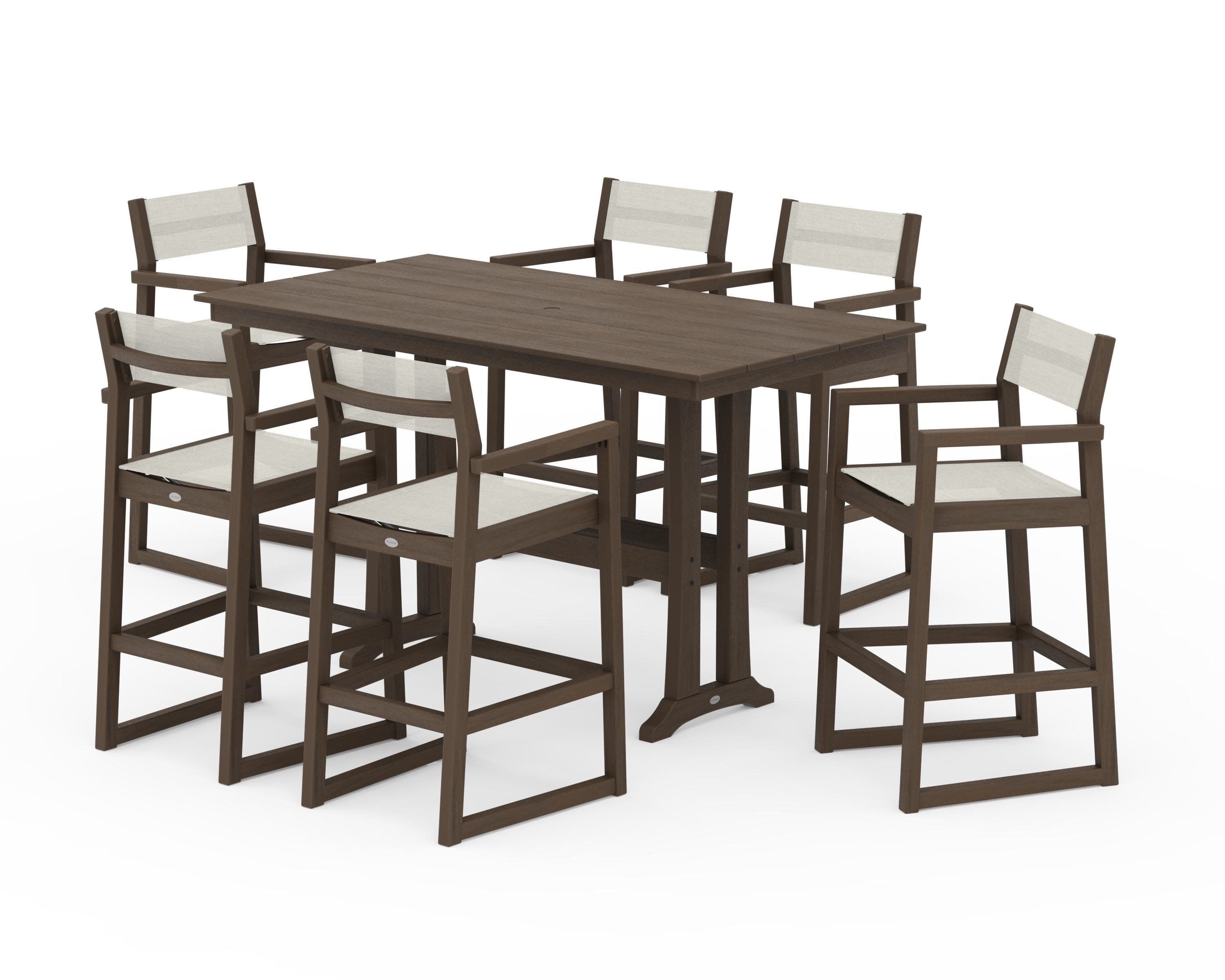 EDGE Sling Arm Chair 7-Piece Farmhouse Bar Set with Trestle Legs in Kona / Parchment Sling