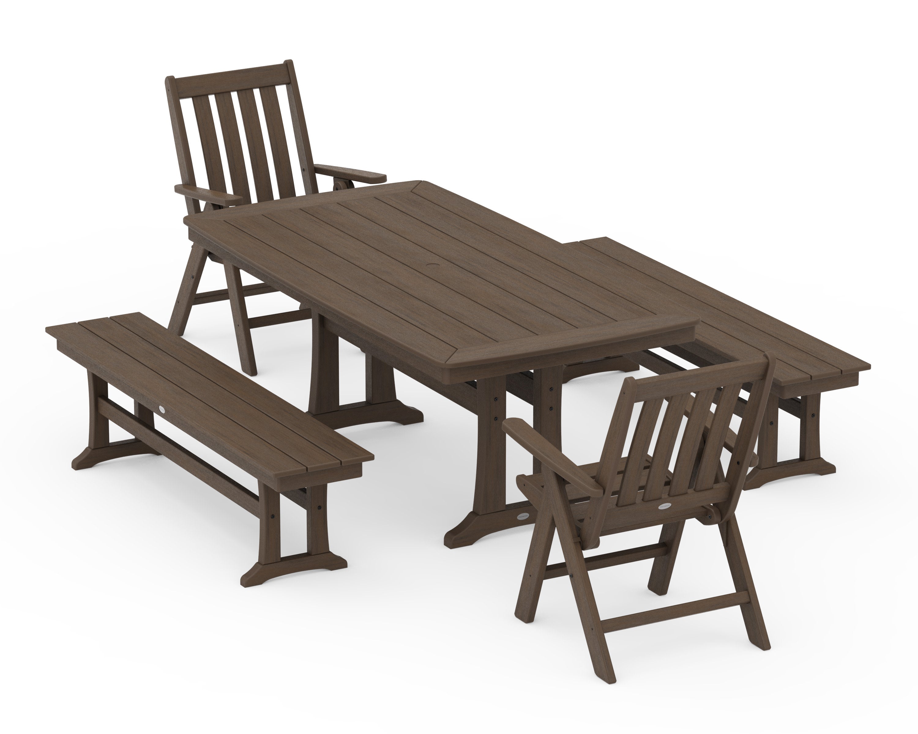 Vineyard Folding Chair 5-Piece Dining Set with Trestle Legs and Benches in Kona