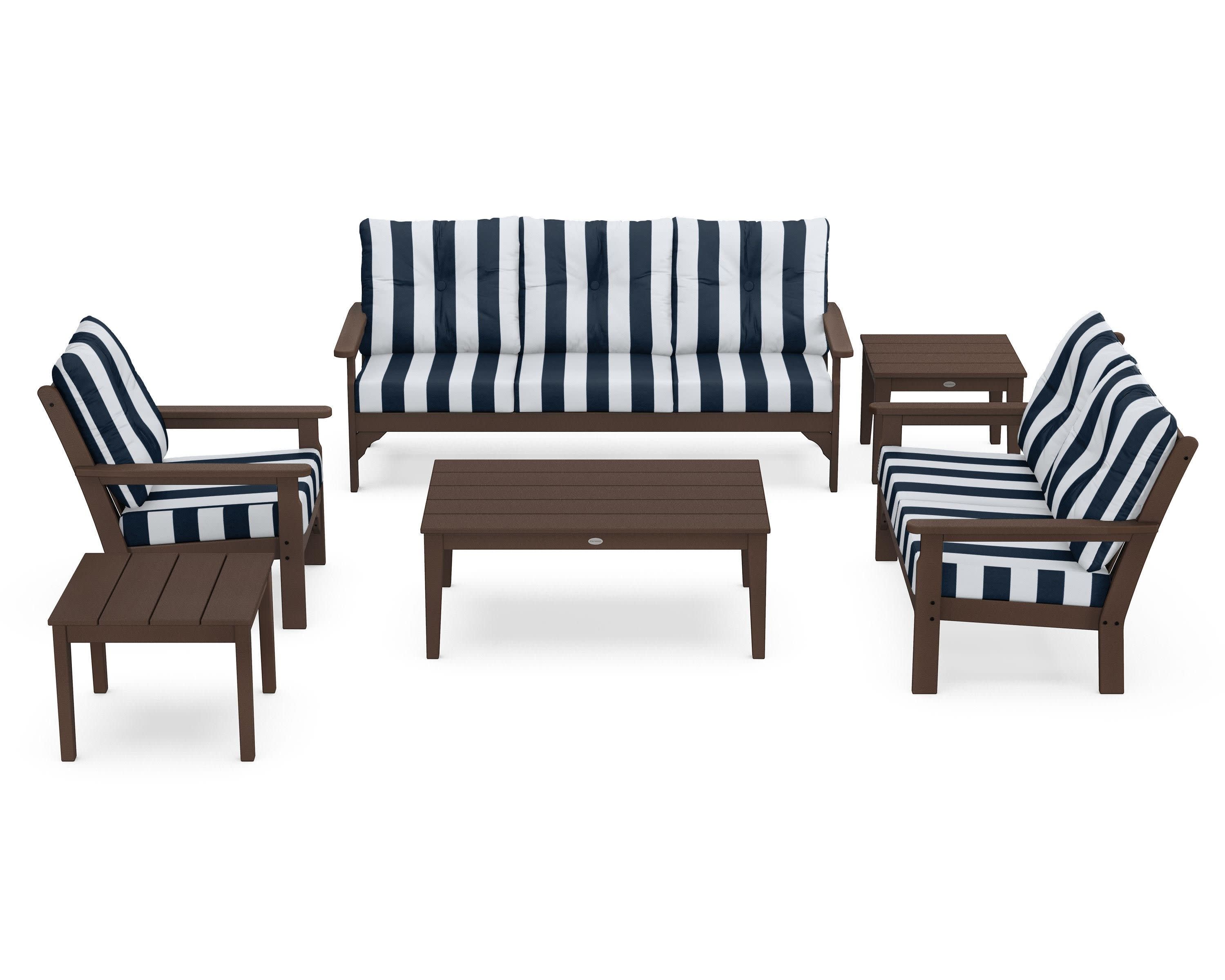 Vineyard 6-Piece Deep Seating Set in Mahogany / Cabana Stripe Marine Indigo