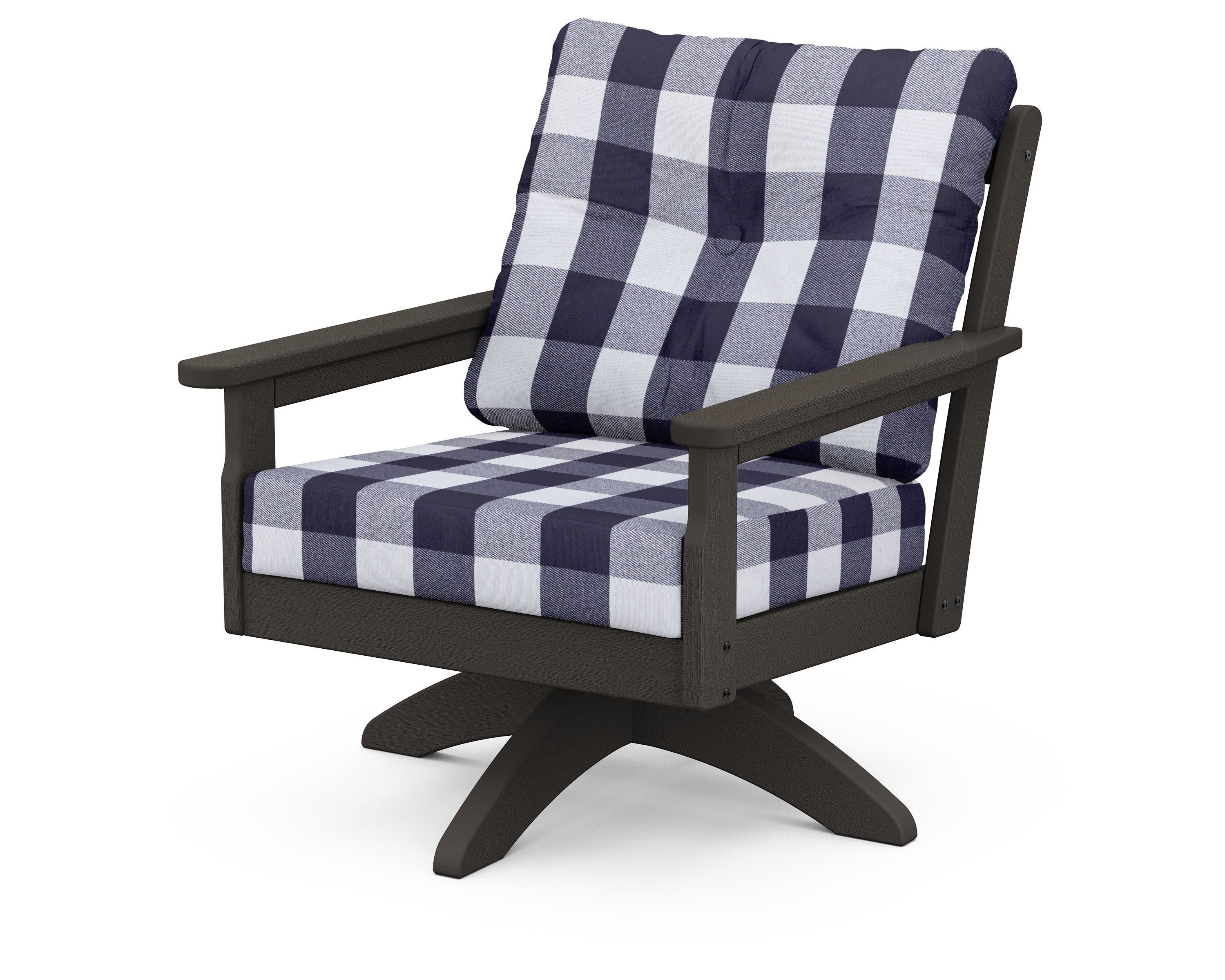 Vineyard Deep Seating Swivel Chair in Vintage Coffee / Buffalo Plaid Navy