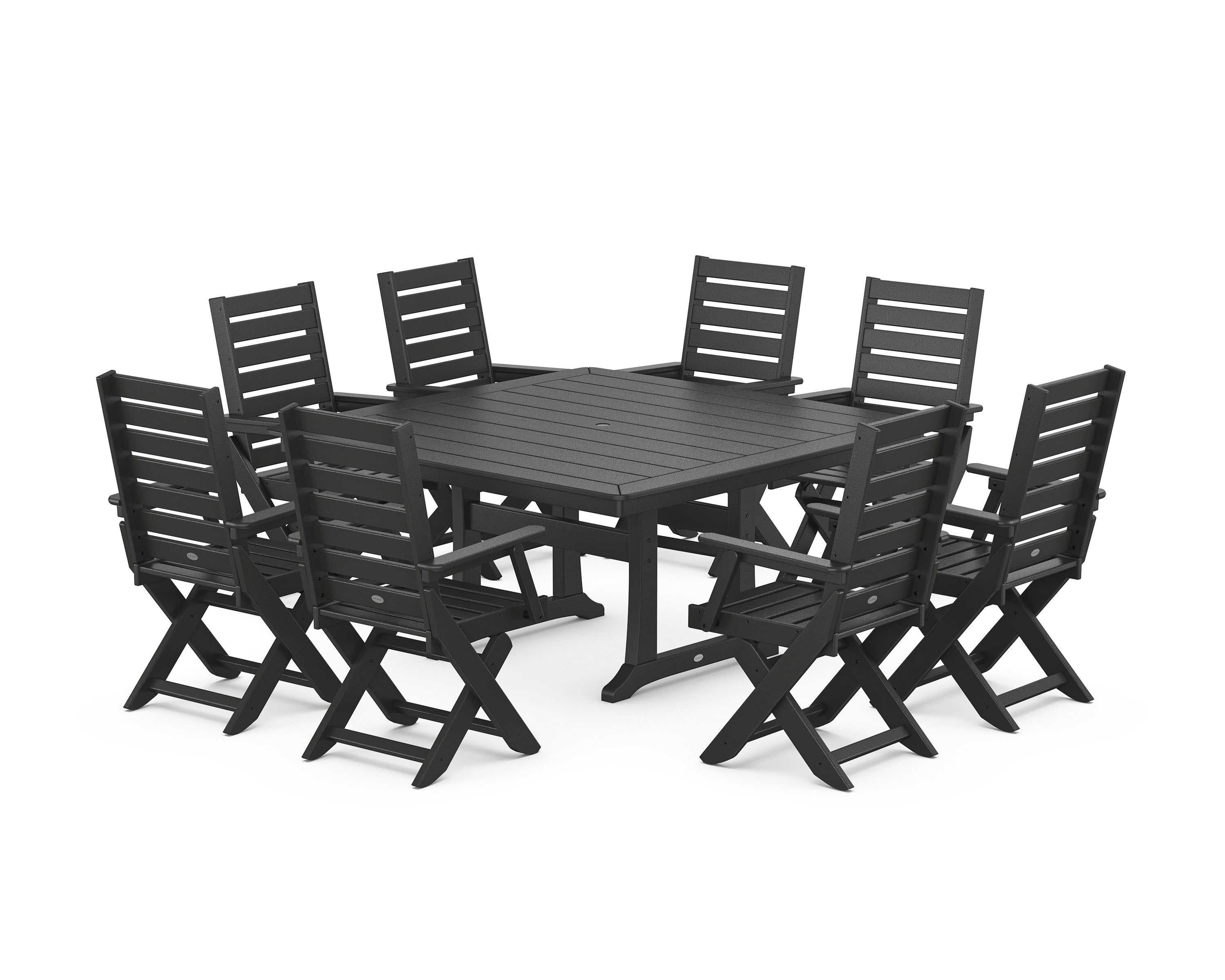 Captain Folding Chair 9-Piece Square Dining Set with Trestle Legs in Black