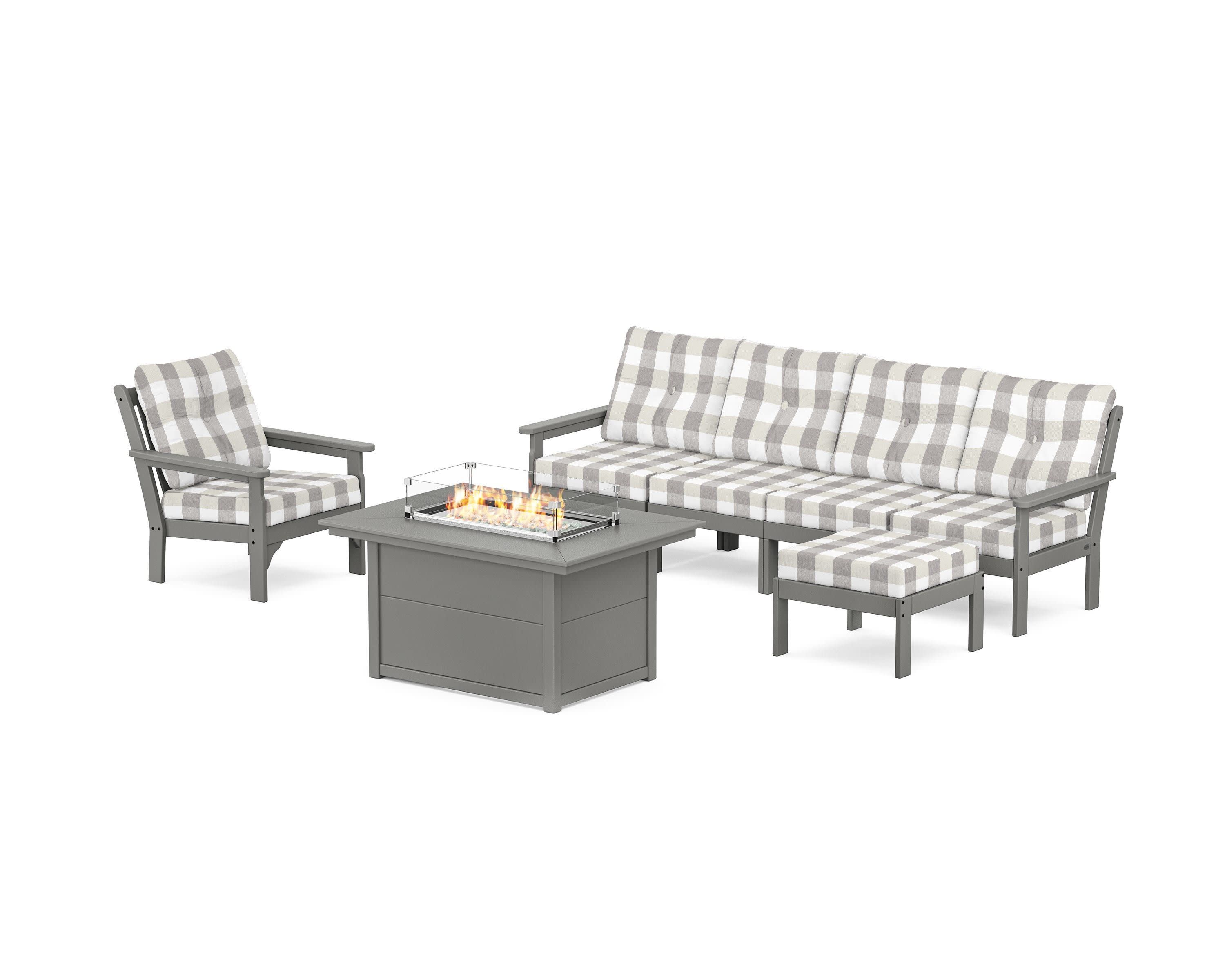 Vineyard Sectional Lounge and Fire Pit Set in Slate Grey / Buffalo Plaid Grey Mist