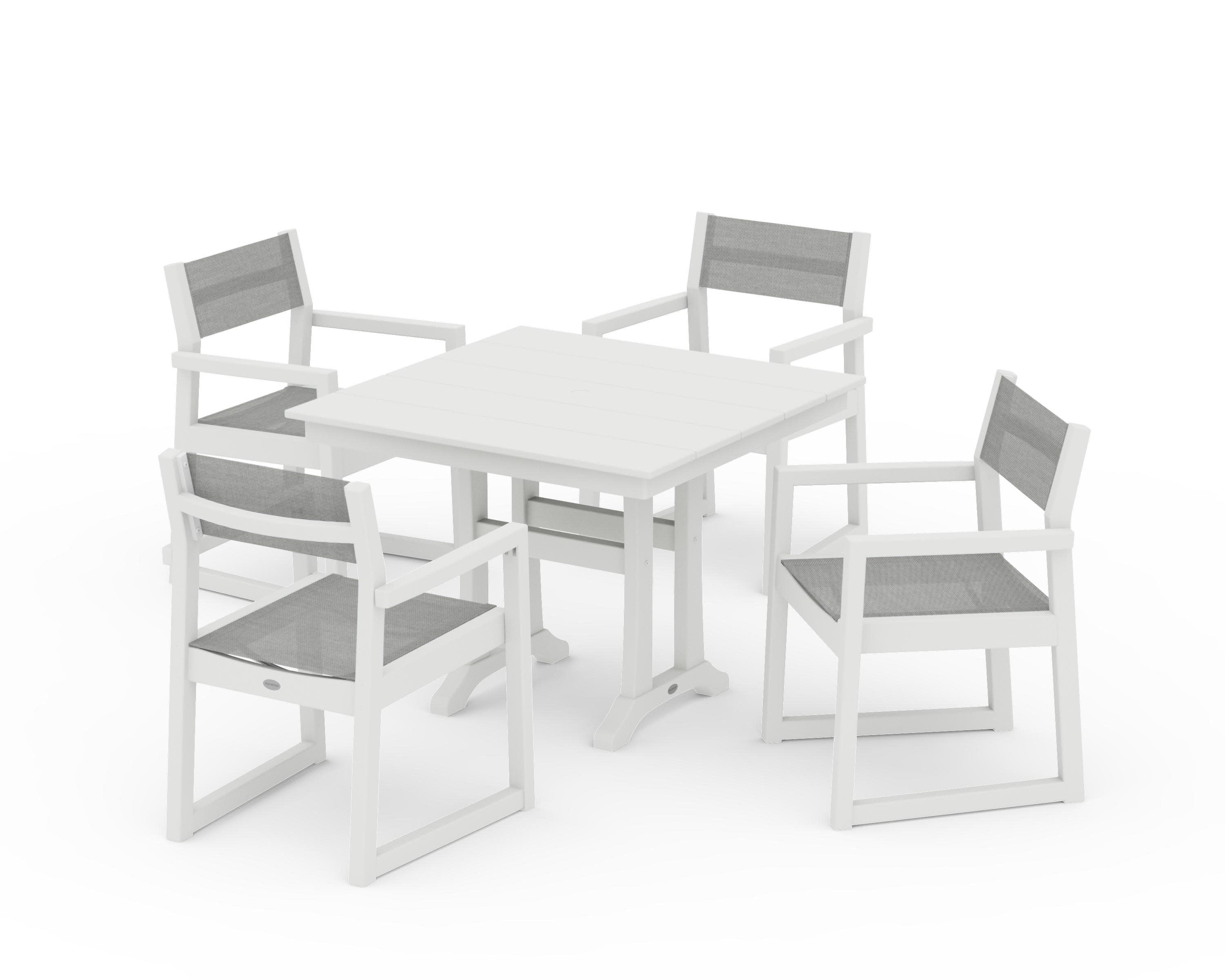 EDGE Sling 5-Piece Farmhouse Dining Set with Trestle Legs in Vintage White / Metallic Sling