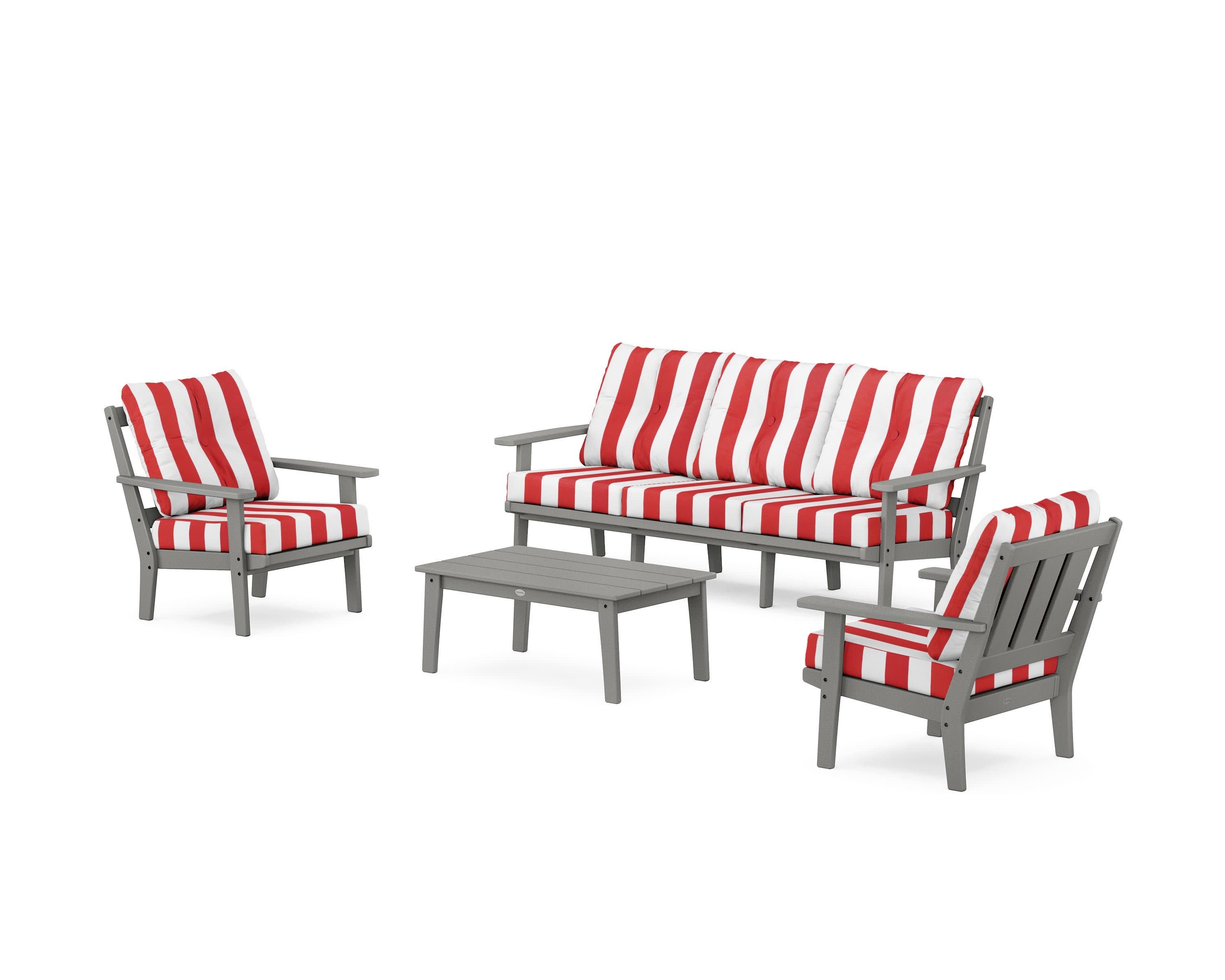 Oxford 4-Piece Deep Seating Set with Sofa in Slate Grey / Cabana Stripe Crimson