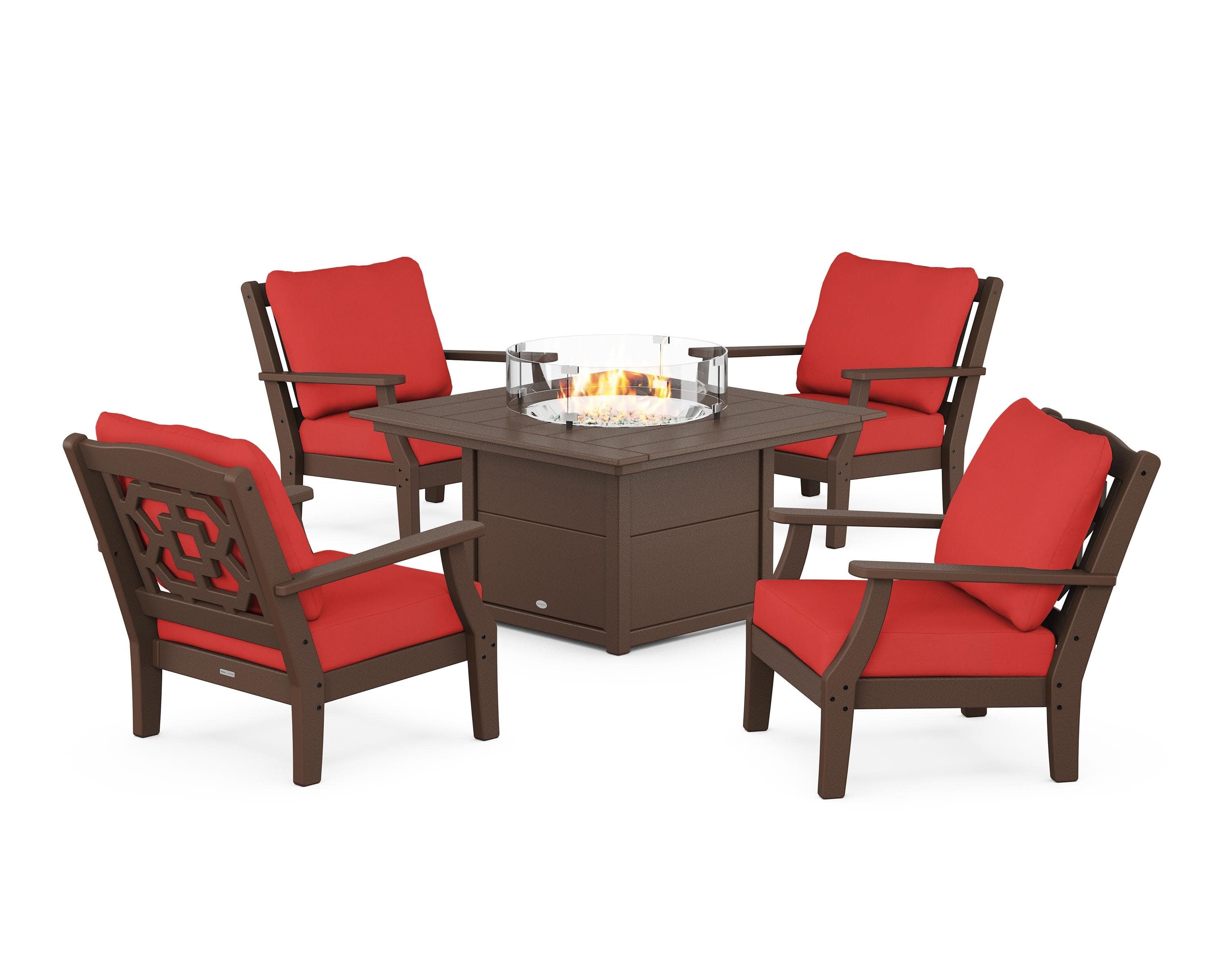 Chinoiserie 5-Piece Deep Seating Set with Fire Pit Table in Mahogany / Crimson Linen
